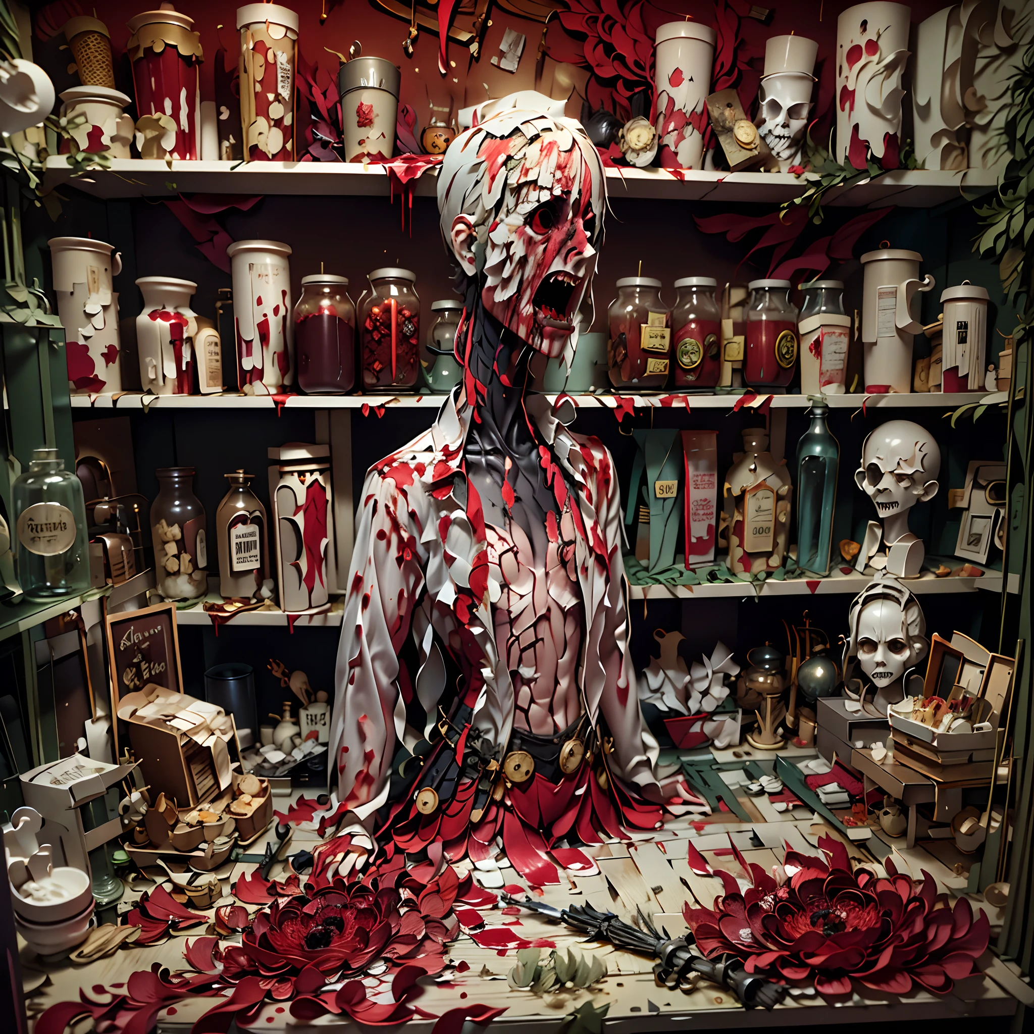 Paper Cuttings style： (((Inside the bloody parts store)))The shelves are full of horror, blood vessel, sci-fy ,(crowed:1.2),[Creepy mannequins], [Horrible amputation], [Bloody tools], [Rotting organs], [Terrible surgical instruments], [Disturbing dissection table], [Eerily dim lighting], [Sinister atmosphere][Creepy sculpture], [Disturbing mural], [Horror movie props], [Creepy doll head], [Haunting reflection], [Creepy shadows], [Morbid curiosity], [Creepy glass jars], [Ominous background music], [Creepy costumes], [Distorted mirror], [Menacing mannequin eyes], [Spooky abandoned aisles], [Bloody floor], [Haunted whispers], [Psychotic salesman], [Creepy window display], [Scary realistic mannequin limbs], [The screams echoed in the distance], [sinister expressions], [Strange mannequin face], [Grinding chains], [eerie fog], [The Mad Scientist Lab resonates], [Bloodstained price tag], [creepy atmosphera]