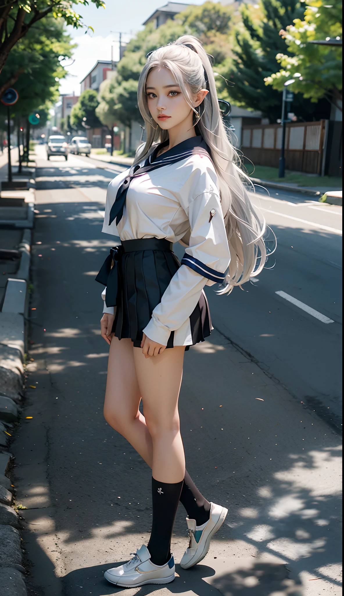 (Japanese-style school,the cherry trees:1. Mature elven beauty,standing on your feet,a sailor suit), tmasterpiece, best qualtiy, RAW photogr, realisticlying, Incredibly Ridiculous res,Elf long ears, ear studs,hair pin, (Long silver-white flowing hair),eye shadows,(a sailor suit),eardrop,foot ring,short skirt,(Black sport socks)(Black half-knee socks),Loafer shoes,two longer legs,depth of fields, A high resolution, ultra - detailed, filigree, RAWE is very detailed, very detailed eyes and faces, Sharp pupils, realistic pupil, tack sharp focus, cinmatic lighting,full bodyesbian,Bigboobs,long leges,From the front side,dynamicposes,Normal posture,closeup of face