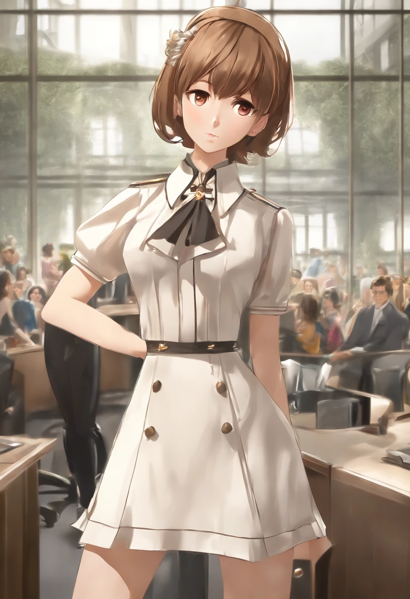 Masterpiece, Excellent, (Office: 1.8), CG drawing with ultra-high detail, standing, 1 royal sister, Angry, Woman with short tan hair, tiered dress, Hands crossed at waist, Facing the audience, illustration, Wide-angle panorama