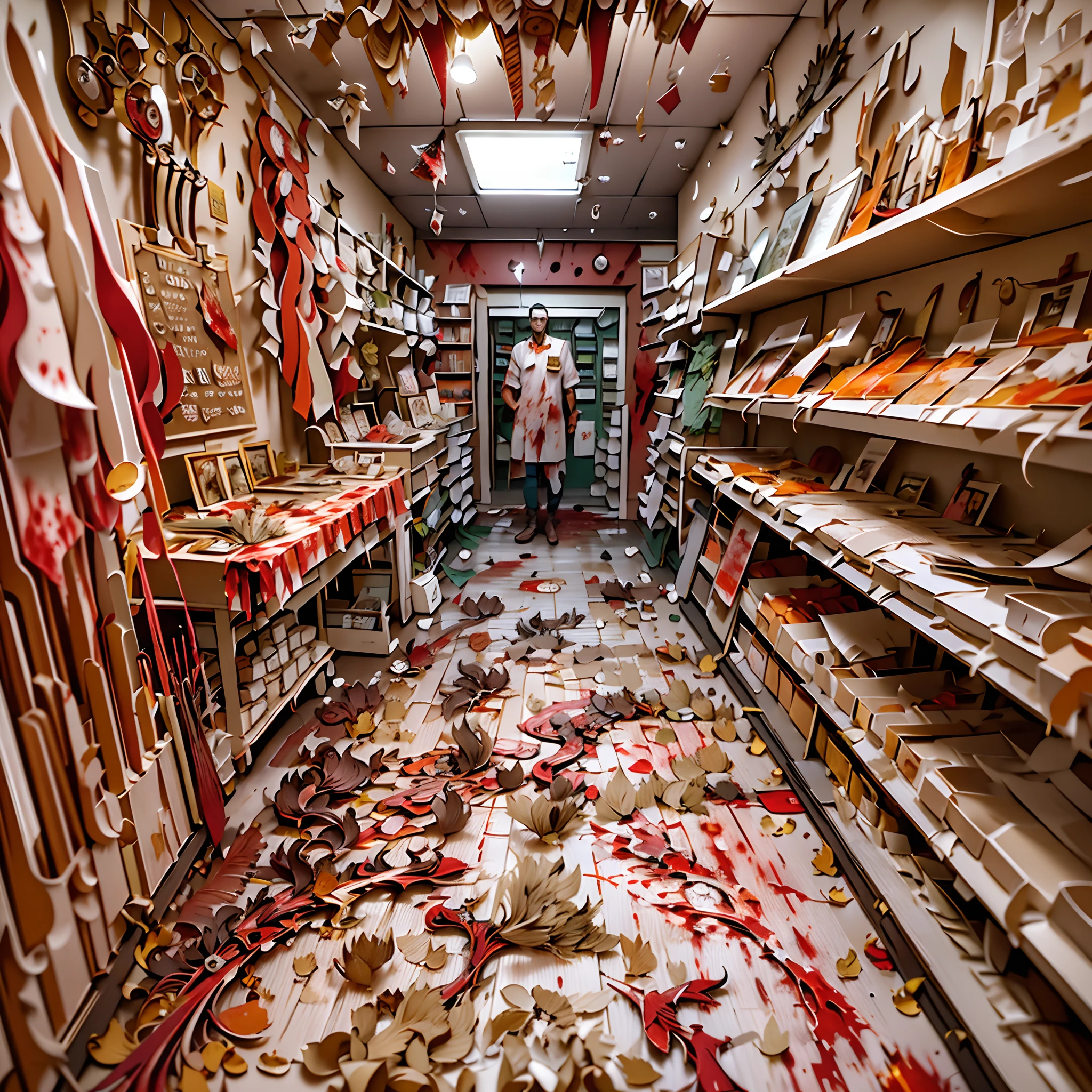 Paper Cuttings style： (((Inside the Bloody Parts Store))),(crowed:1.2),[Bloody tools],  [Terrible surgical instruments], [Eerily dim lighting],  [Disturbing mural], [Horror movie props], [Creepy shadows], [Glass Kan], [Creepy costumes], [Distorted mirror], [Bloody floor],  [Psychiatric scientist],  [sinister expressions], [Grinding chains],   [Bloodstained price tag], [creepy atmosphera]