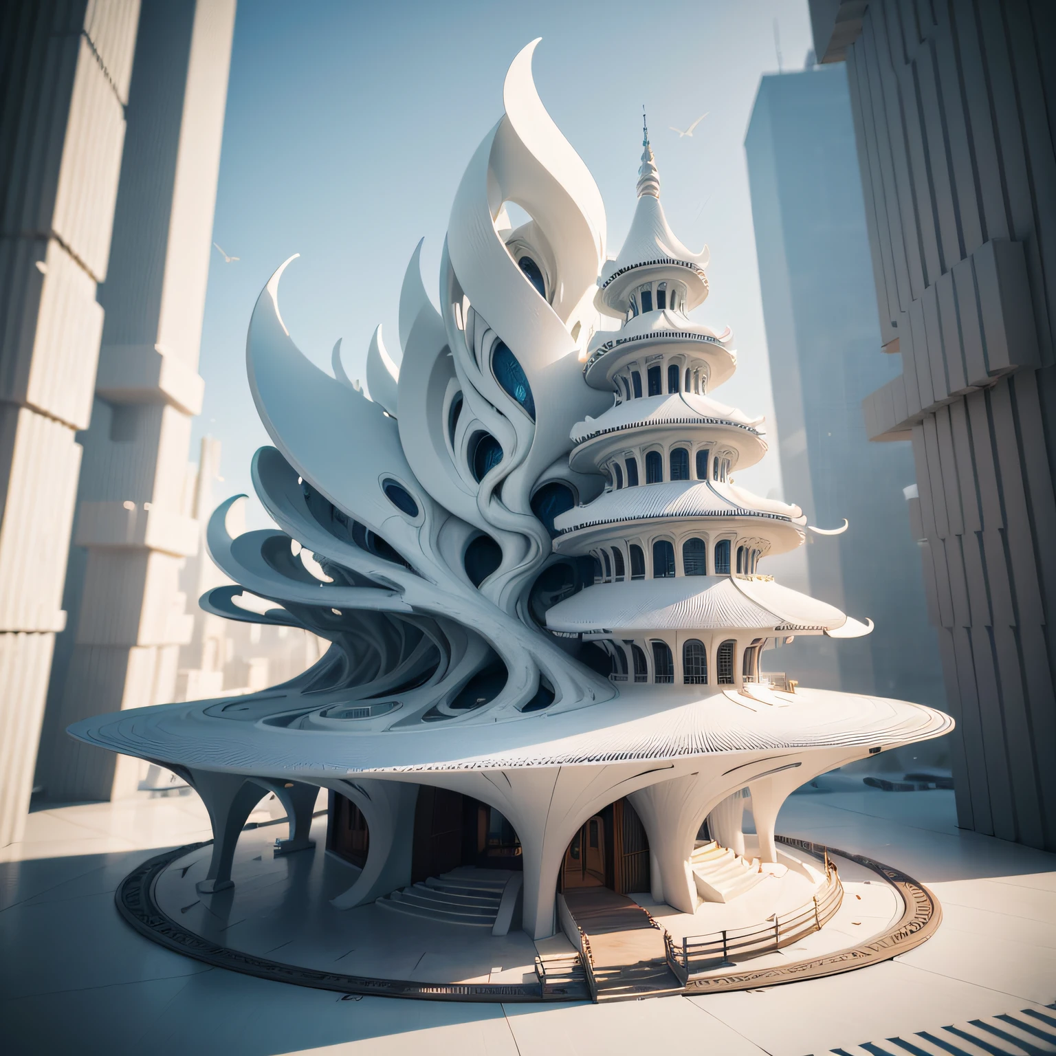 (Photorealistic:1.4), Best Quality, Masterpiece, extra high resolution, Unusual buildings made of living tissues and intertwined tree branches, Buildings combine building materials and living fabrics, Unusual futuristic buildings, Smooth curved lines, Intricate Patterns, Graceful weaves, Smoothing corners, white gypsum, white concrete, intertwined tree branches, intertwined blood vessels, (detailed design:1.2), (Detailed elements:1.2), (Detailed architectural structure:1.2), (Detailed background:1.2), 4k, (Flat terrain:1.3)