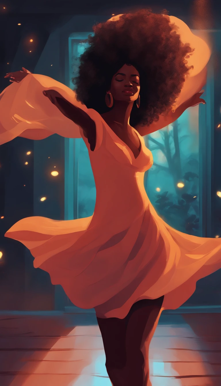 Curly-haired black woman dancing in dark room, arte digital estilo Lo-fi