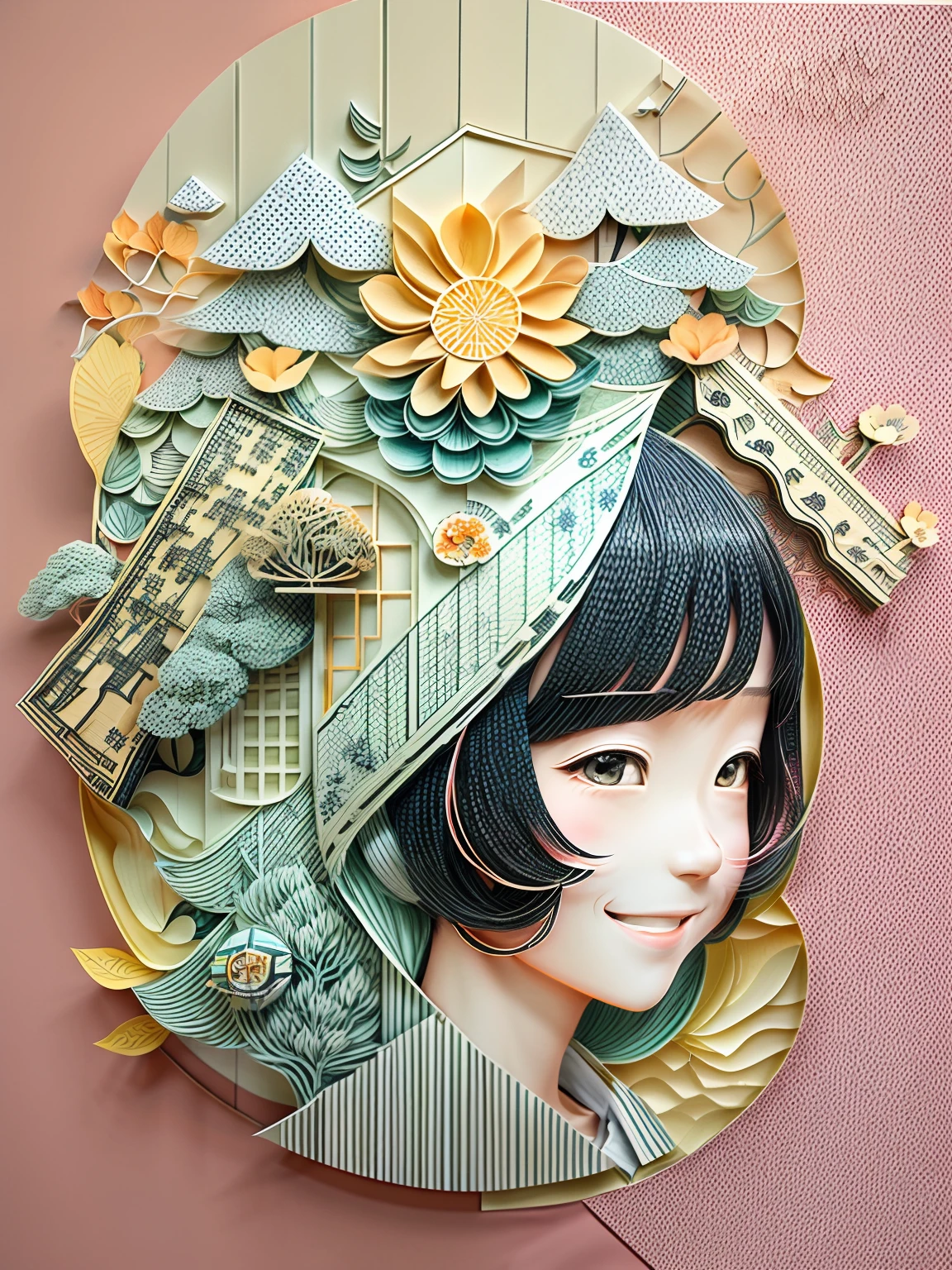 (masutepiece), (Best quality),1girll、hair adornments、Smile、Geometric pattern background、disarray、paper cut out:1.8