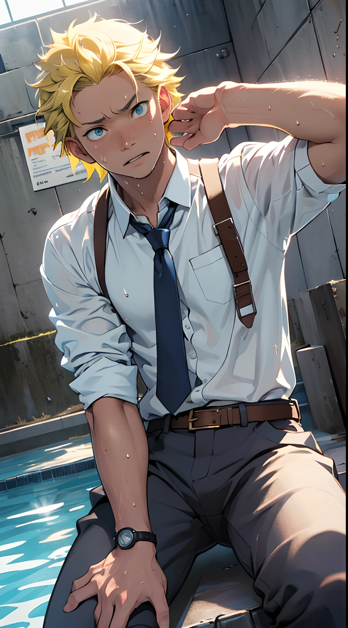 （1 Adult male），A high resolution， Sharp focus， Pixiv masterpiece， （（Complicated details））， highly  detailed， natsuki_subaru， 1 man，perfect male figure，Urine on the trouser leg， Nervously bow your head，is shy，embarressed，exhilarated，is shocked，panicking，worry，A pool of urine formed around him，Very eager to pee，Unbearable，Wet yourself，Urine discharge，full bodyesbian，sit astride，Tired，decadent， blue color eyes（eyes glowing）， Short yellow hair，white  shirt，Wear a tie，Wear a belt，trousers，perspire，Drenched，Get wet，pissing，urine flows down the pants，look from down