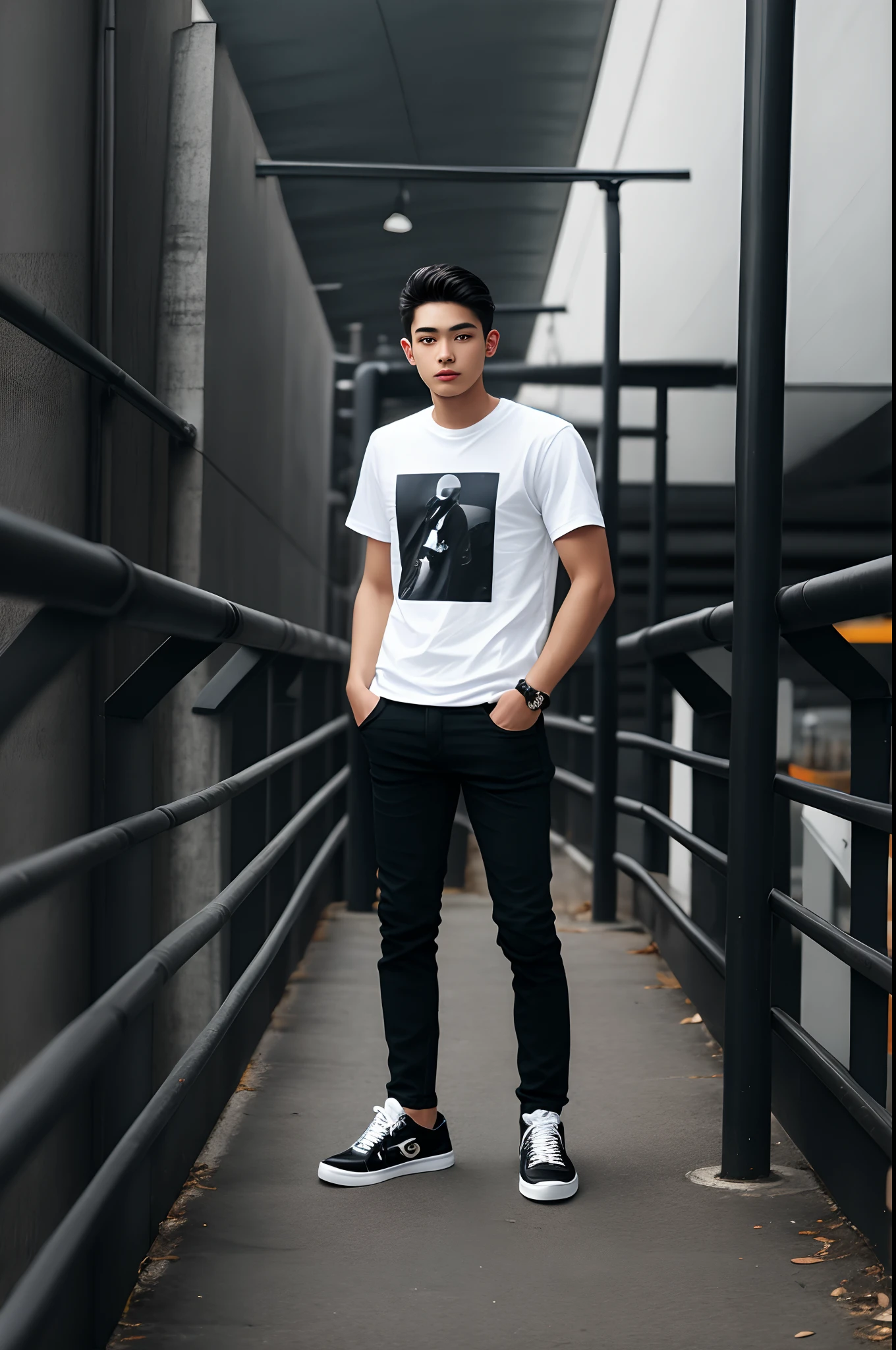 young man wearing black tshirt and black jeans and white sneakers