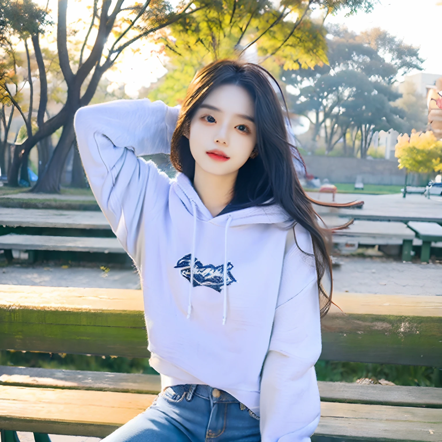woman,Wear a white sweatshirt and blue short jeans,sitting on park bench,sunshine on body,Stretching his arms,There was wind blowing around,The long black hair is slightly messy