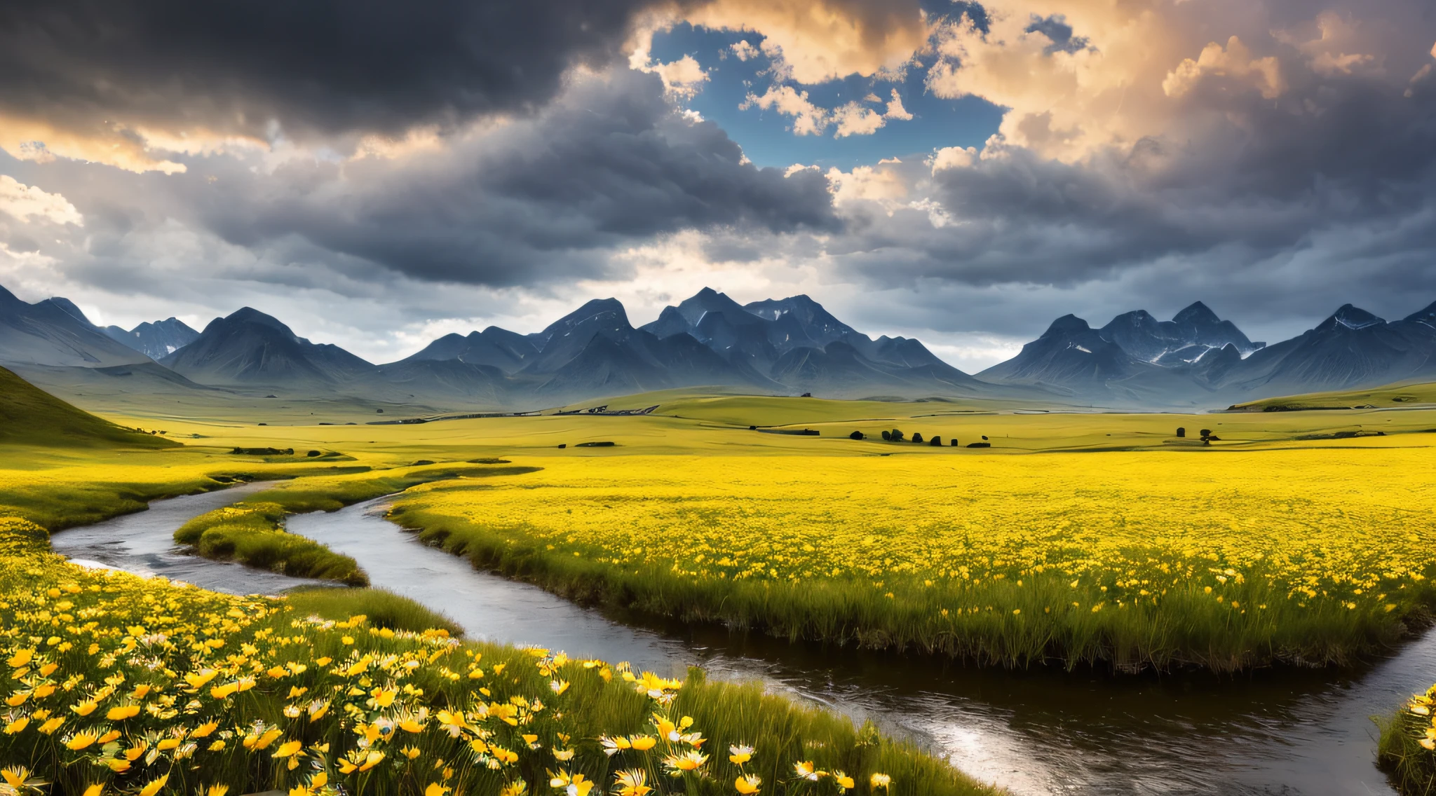 (best quality,4K,highres,masterpiece:1.2),ultra-detailed,realistic,photographic:1.37,grassy plains,streams,distant mountains,daisies,gloomy clouds,dark style,photography style,HDR,UHD,studio lighting,physically-based rendering,professional,vivid colors,sharp focus