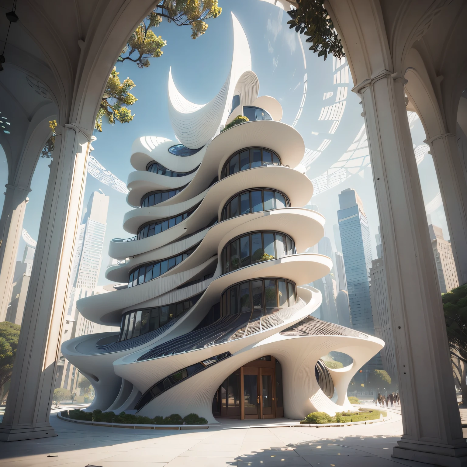 (Photorealistic:1.4), Best Quality, Masterpiece, extra high resolution, 1 architectural structure, duo, 1 tower crane, Construction of an unusual futuristic tower, Smooth curved lines, Smooth corners, Intricate Patterns, white gypsum, white concrete, Dark wood, (Detailed design:1.2), (Detailed elements:1.2), (Detailed architectural structure:1.2), (Detailed background:1.2), 4k, Unusual alien animals in the background, (A lot of animals in the background), The landscape of another planet, (Flat terrain:1.3)