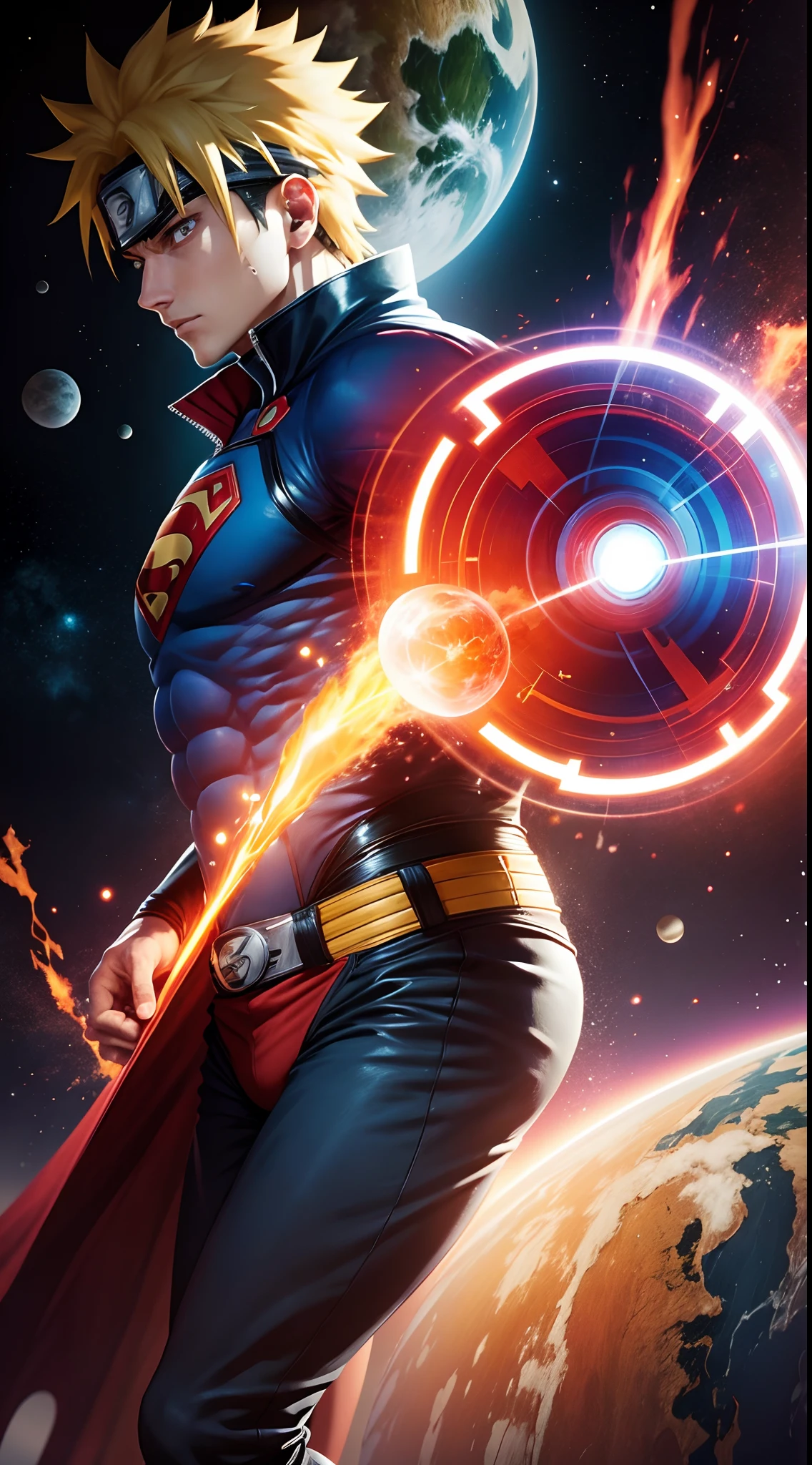1 Personagen, Merger between Naruto and Superman, fundo planeta terra, Orbit, outer space