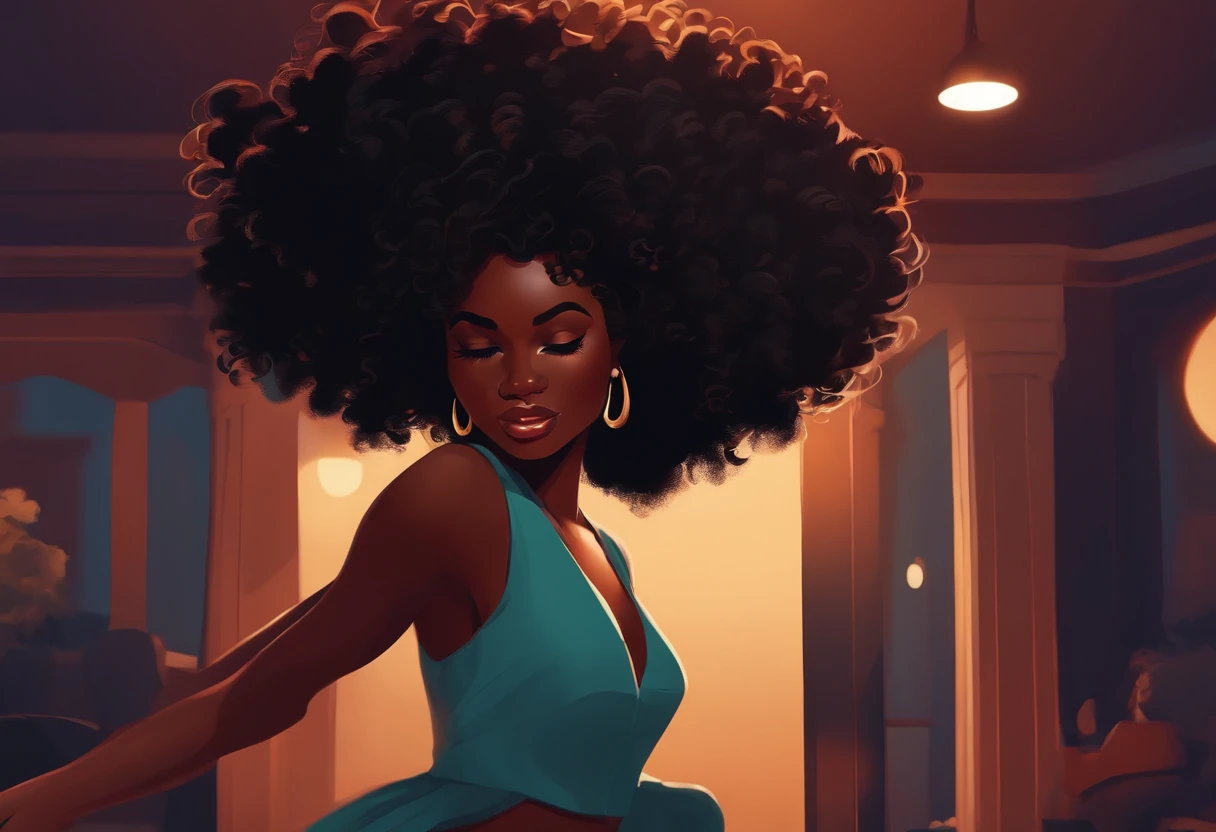 Curly-haired black woman dancing in dark room, arte digital estilo Lo-fi