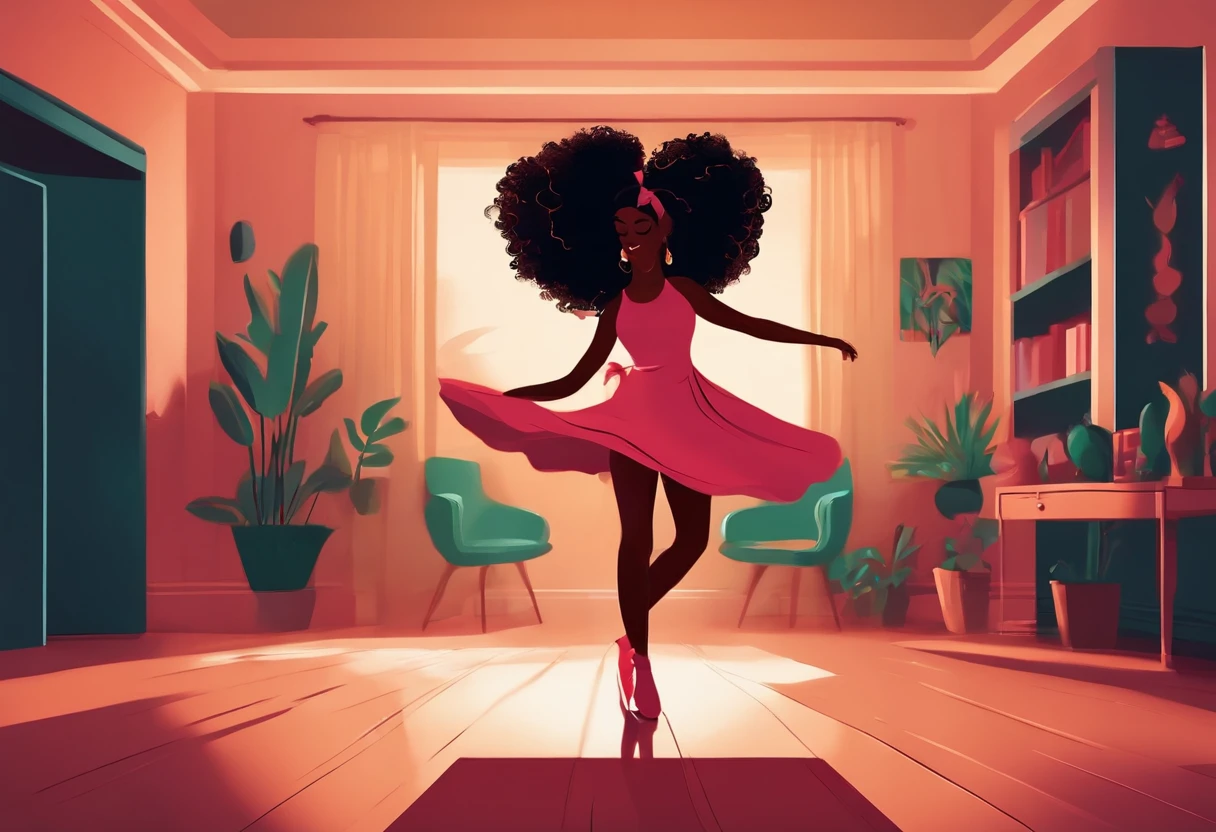 Curly-haired black woman dancing in dark room, arte digital estilo Lo-fi