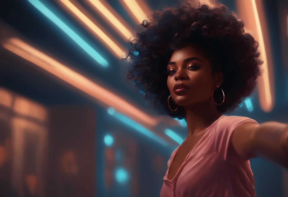 Curly-haired black woman dancing in dark room, arte digital estilo Lo-fi