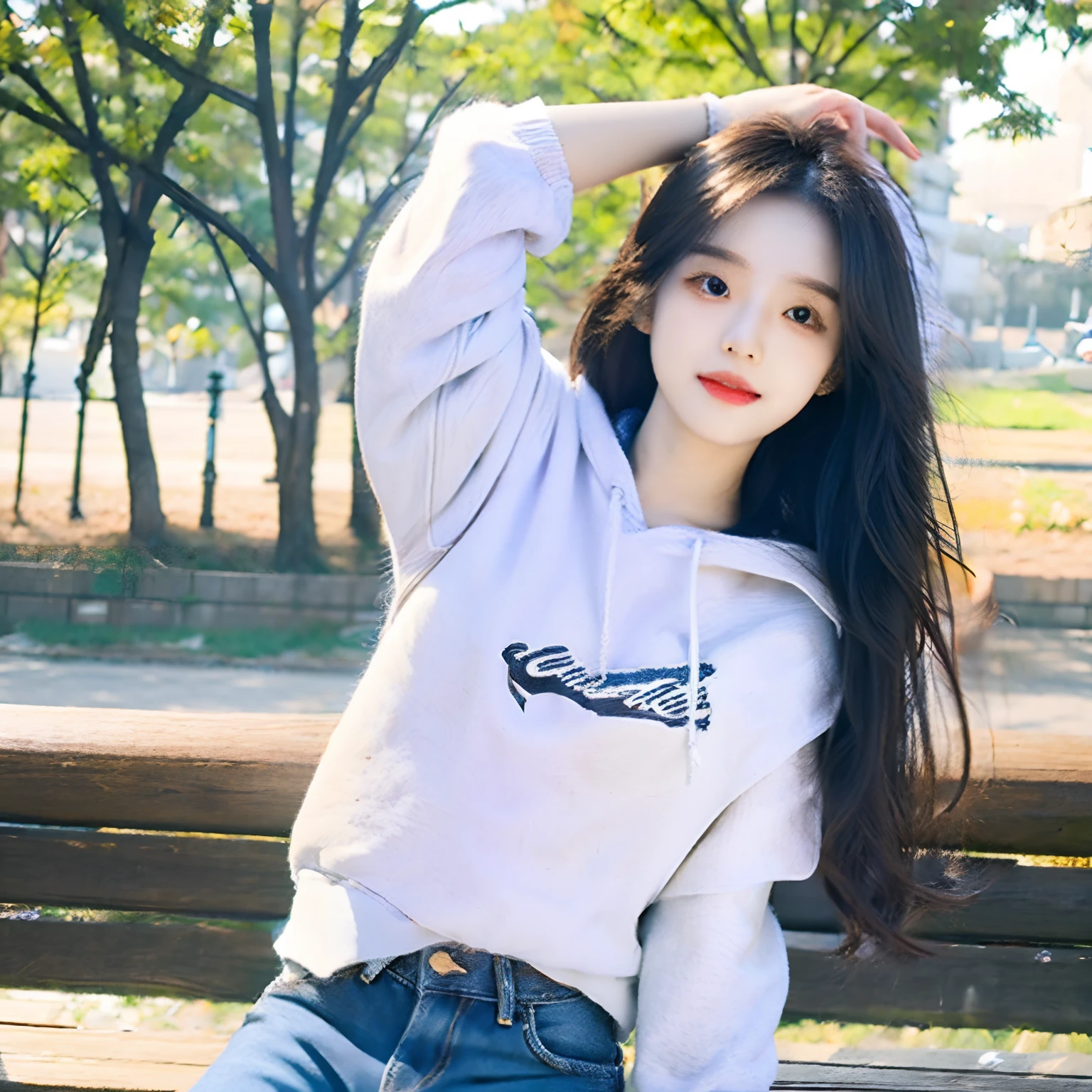 woman,Wear a white sweatshirt and blue shorts,sitting on park bench,sunshine on body,stretching out arms,There was wind everywhere around,The long black hair is slightly messy,Full body photo,