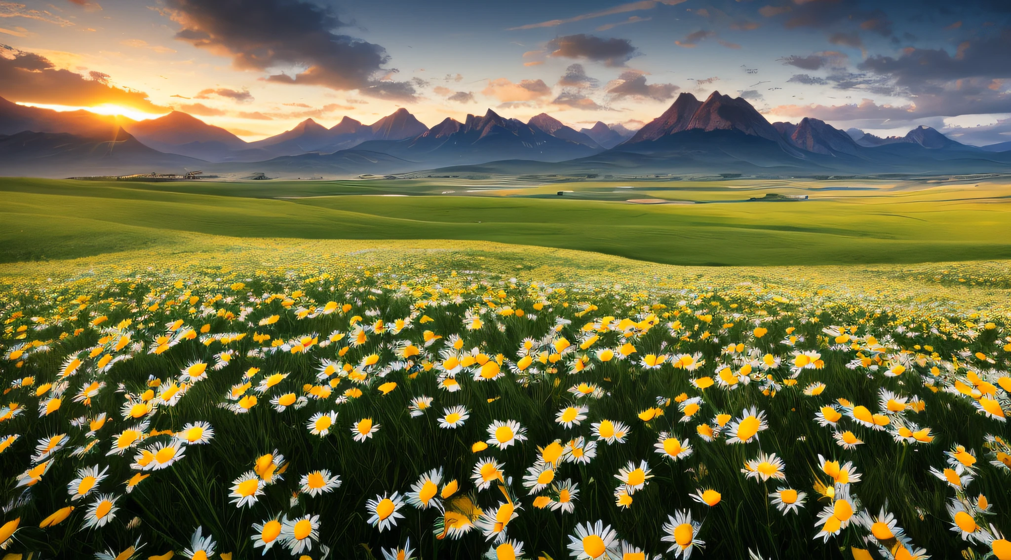 (best quality,4K,highres,masterpiece:1.2),ultra-detailed,realistic,photographic:1.37,grassy plains,streams,distant mountains,daisies,gloomy clouds,dark style,photography style,HDR,UHD,studio lighting,physically-based rendering,professional,vivid colors,sharp focus