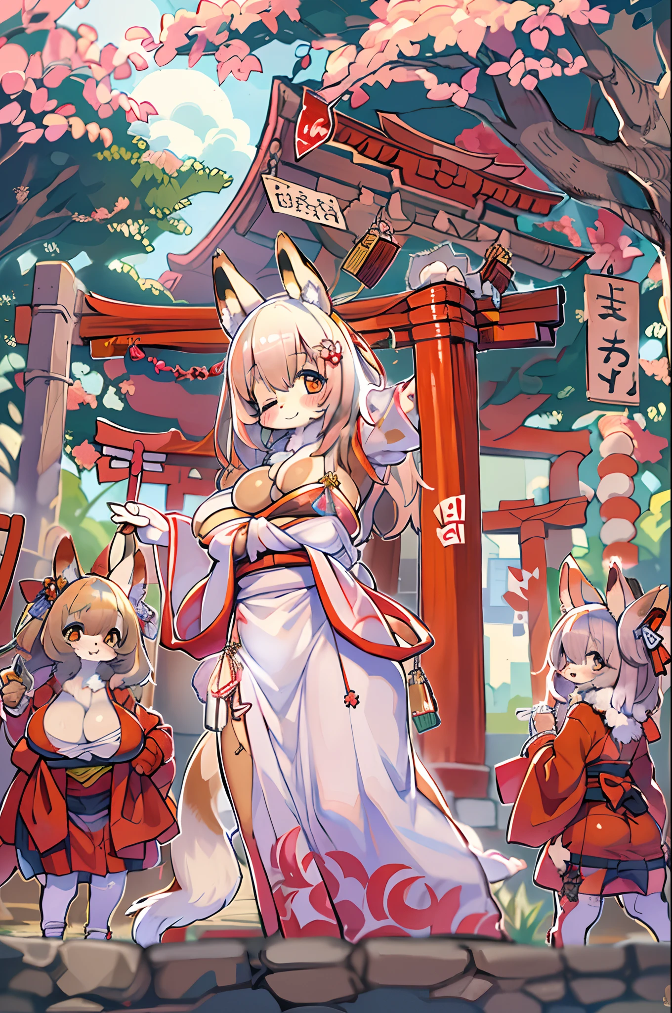 Fox Woman、body covered with fur、huge-breasted、kawaii、shrine maiden、Japan white clothes,Red Hakama、torii gate,summer day、((High Position))、((Selfie))、A big smile、bbw、thick thight、big butts、Ultramammy,Chibi,Nanachi