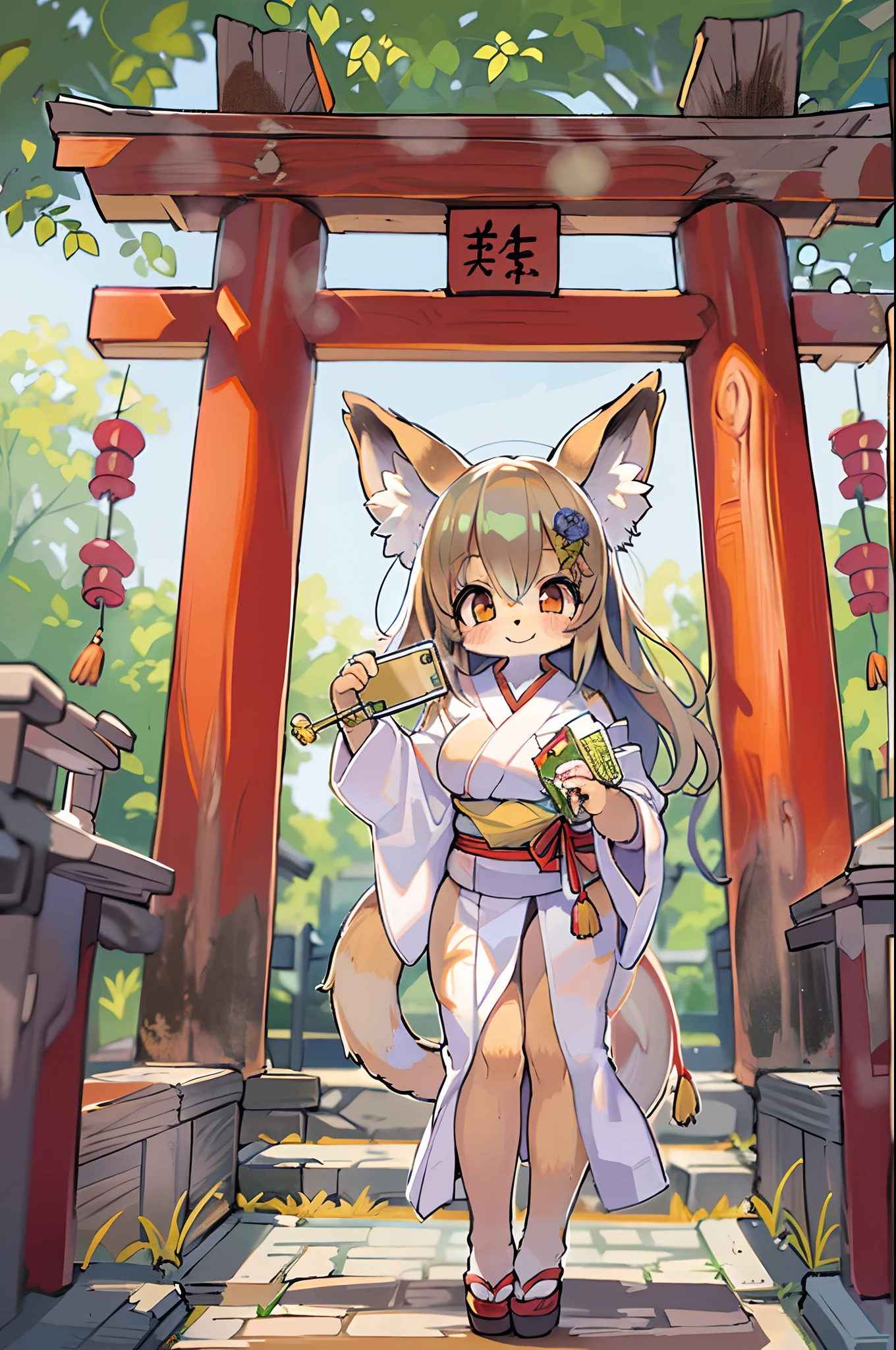 Fox Woman、body covered with fur、huge-breasted、kawaii、shrine maiden、Japan white clothes,Red Hakama、torii gate,summer day、((High Position))、((Selfie))、A big smile、bbw、thick thight、big butts、Ultramammy,Chibi,Nanachi