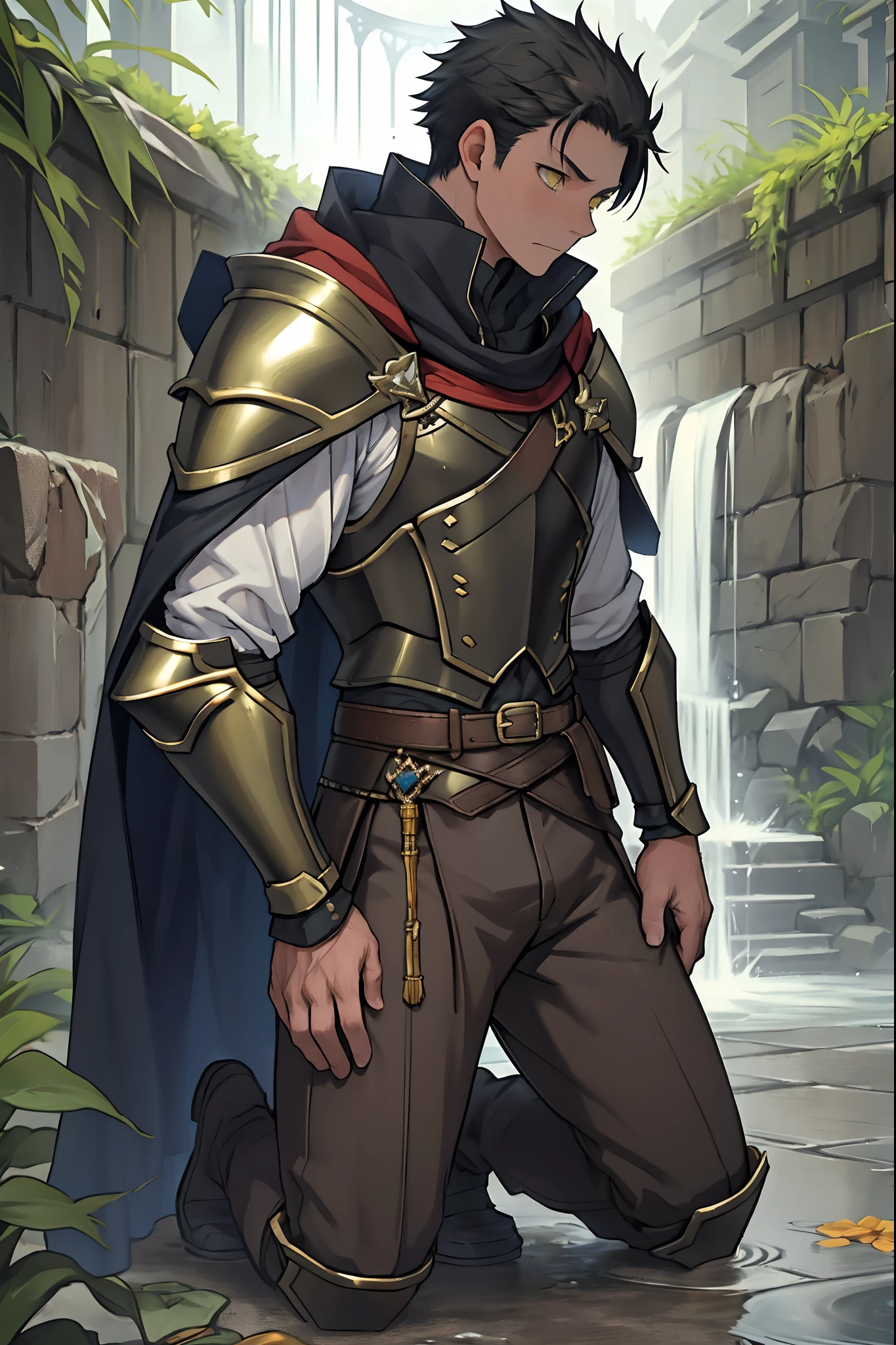 （1 Adult male），A high resolution， Sharp focus， Pixiv masterpiece， （（Complicated details））， highly  detailed， natsuki_subaru， 1 man，Wear tight combat uniforms，Wear armor，perfect male figure，Urine on the trouser leg， Nervously bow your head，is shy，embarressed，exhilarated，is shocked，panicking，worry，A pool of urine formed around him，Very eager to pee，Unbearable，Wet yourself，Urine discharge，full bodyesbian，kneels on the ground，Tired，decadent， Yellow eyes（eyes glowing）， Black hair short hair，Armour，Tie a belt，Cloaked，Cloak，Shoulder armor，perspire，Drenched，Get wet，pissing，urine flows down the pants，look from down