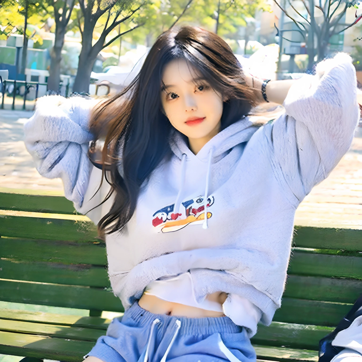 woman，Wear a white sweatshirt and blue shorts，sitting on park bench，sunshine on body，stretching out arms，There was wind everywhere around，The long black hair is slightly messy，Full body photo，