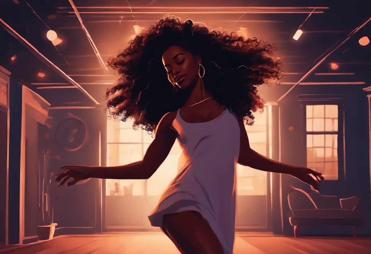 Curly-haired black woman dancing in dark room, arte digital estilo Lo-fi