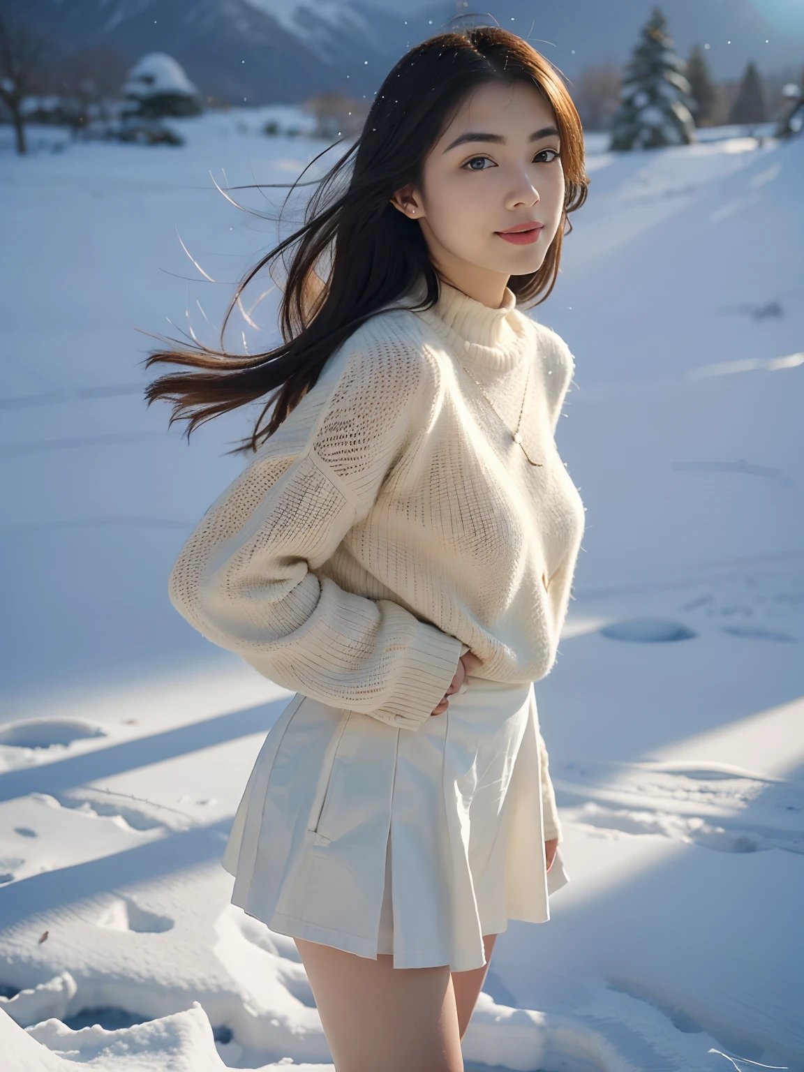 (RAW photo) Winters,snow landscape,Pretty girl shoulder-length sweater,short skirt,Pantyhose under the skirt, White underwear, Random color,long sweater,depth of fields,Real light,Ray traching,OC renderer,UE5 renderer,Hyper-realistic,best qualtiy,8K,Works of masters,super-fine,Detailed pubic hair,Correct anatomy.