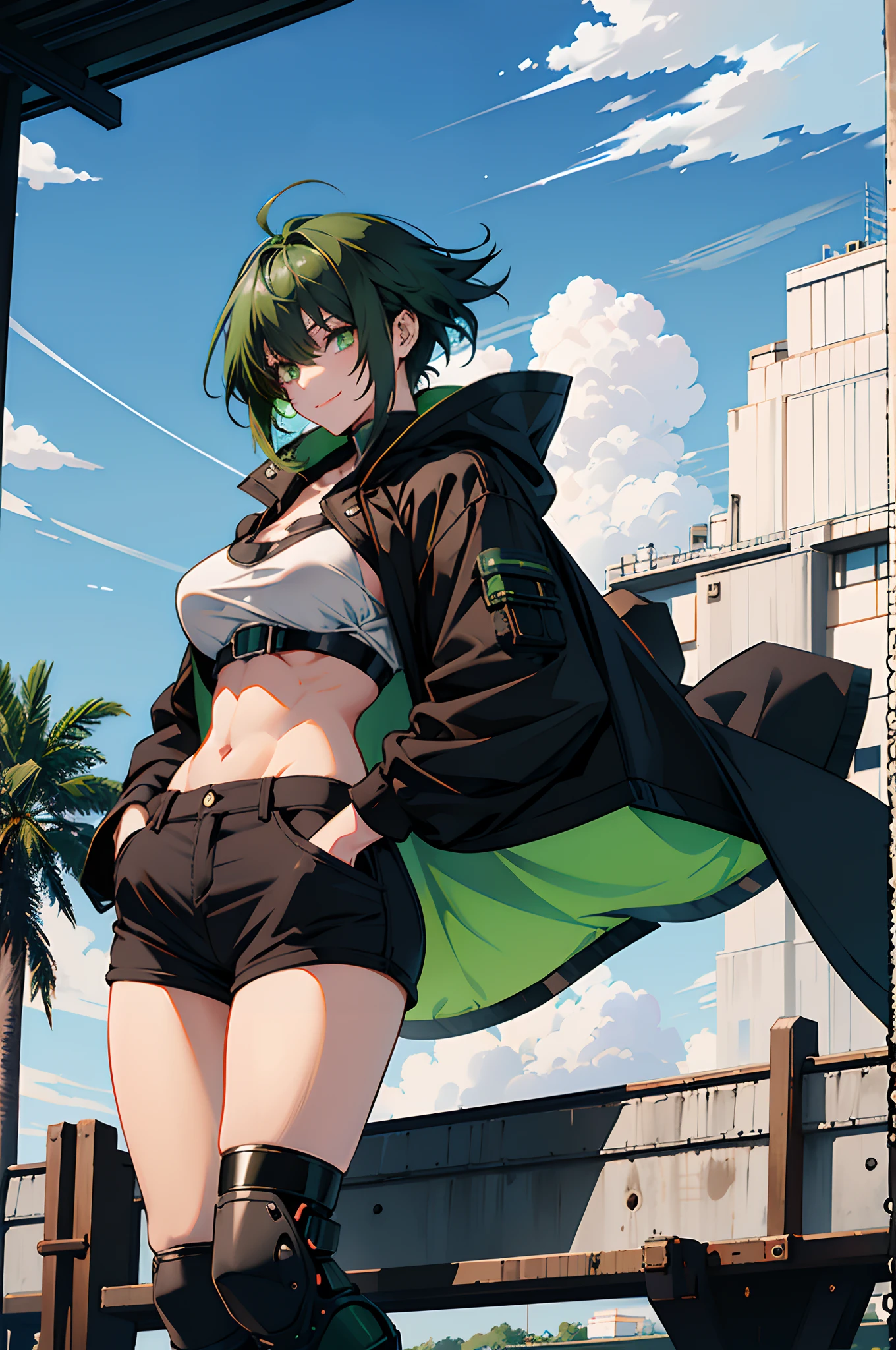 Pure sky,mechanical leg,Black mechanical legs,Plump legs,Green gem setting,Anime girl standing gracefully on the ground,Black cape and green hair, rogue anime girl, Anime girl standing, Wearing a cloak on the blasted plain, asuka suit under clothes!, Cyborg girl, badass posture, mechanic punk outfit, anime styled 3d, render of a cute 3d anime girl, gapmoe yandere grimdark, Female character,musculature,Abs,Glowing green eyes,Black hair with green gradient,short detailed hair,Bunched hair,Dull hair,(Muscle 2.0),Tomboyish,Be red in the face,looking at viewert,Elaborate Eyes,Black mechanical legs,huge tit,1.5,Put your hands in your pockets,ssmile,blacksilk,Straight big breasts,strappy,Black openwork hot pants,White bandeau,Toothless smile,Lower breast,Mechanical wind,There are no cities,Side breasts
