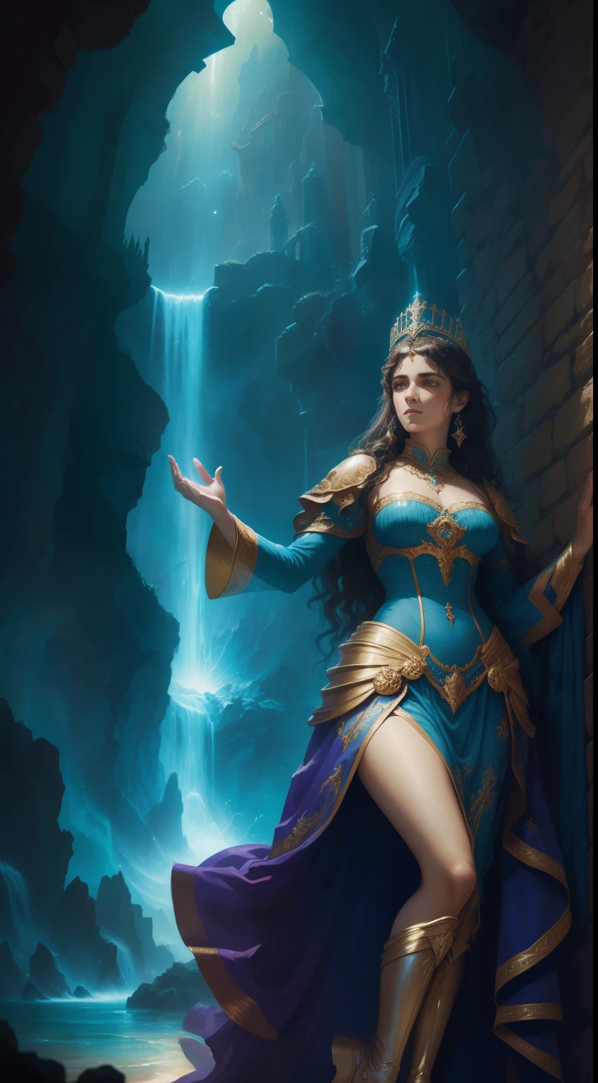 Maximum resolution 4k, (8k), beautiful woman, Princess of the Ocean, Reina de los mares, cheerful expression, hermosos ojos de colores, beautiful exotic figure, Traje transparente sexy, traje transparente digno de una reina del mar, tridente 🔱 en sus manos, tridente dorada Standing at the top of a palace, olas gigantes, Epic Background, (water particles in the air),detalles precisos, rostro detallado, fantasy, dramatic, intrincado, elegante, muy detallado, Pintura digital, Art Station, arte conceptual, smooth and sharp focus, illustration, arte de Gustave Dore, Octanaje, 4k , (solamente:1.4)