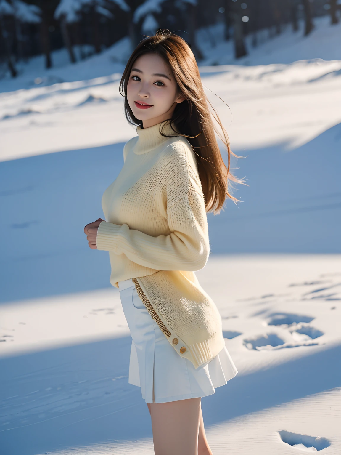 best qualtiy，tmasterpiece，超高分辨率，（真实感：1.4），RAW photogr，1girll，long whitr hair，Face Highlighting，Pure，Girly，Flushing，18yr old，18-year-old smiling female classmate，Pure，Innocent，（best qualtiy，8K，tmasterpiece:1.3），Goose egg face，largeeyes，long eyelasher，Exquisite（live-action realistic style），Star-like eyes，Ultimate face，Photorealistic light and shadow，Clear facial features，Milky white skin，Fair skin， highdetailskin， Realistic skin details， Visible Pore，（Super detail），（perfect bodies：1.1），long whitr hair，（dynamicposes），((Dynamic background((volumettic light：1.3))，huge tit，Goose yellow sweater，Skirt that wraps hips，alps，snow mountains，chilly，squirrels，standing on your feet，liberta，Dashing，long leges，Shunguang