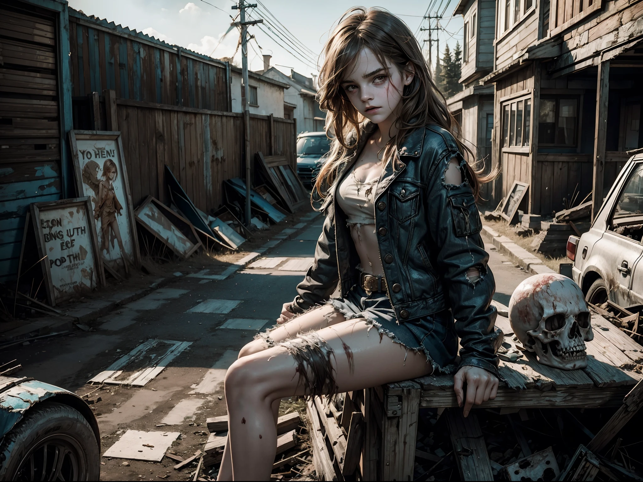 a emma watson as a zombie girl is sitting on a fence as a captivating figure amidst the desolation. her physical appearance tells a story of tragic transformation and decay, evoking both fascination and a sense of unease. the teenzombie girl's once-youthful countenance is marred by the relentless grip of decay. Their her flesh, once vibrant and alive, now hangs in tattered shreds, exposing patches of decomposed muscle and bone beneath.