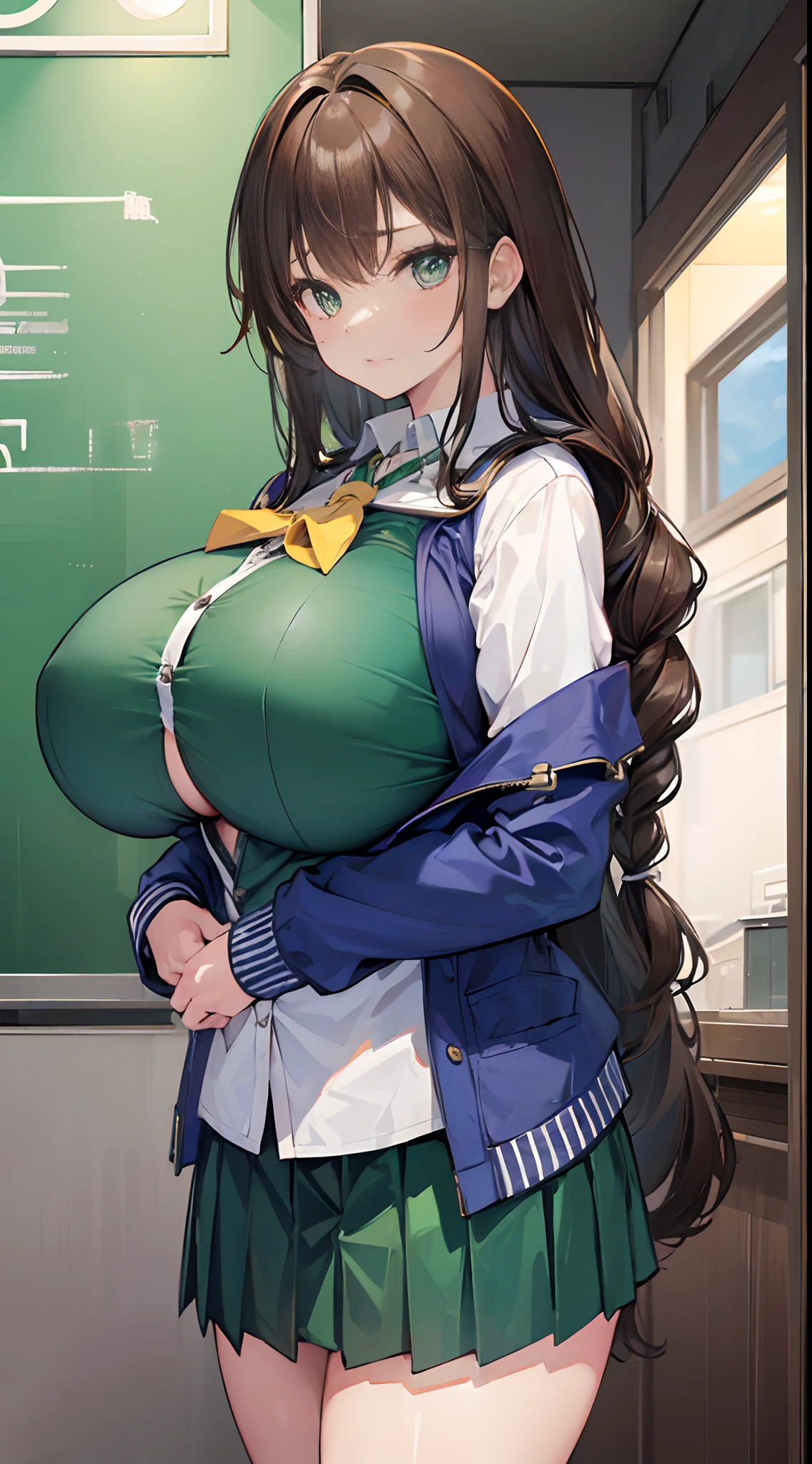 (huge tits:1.4),Solo,Seductive expression,Female high school student,A twisted braid,Green school uniform,Brown hair,Student eyes,stand posture,Chairman