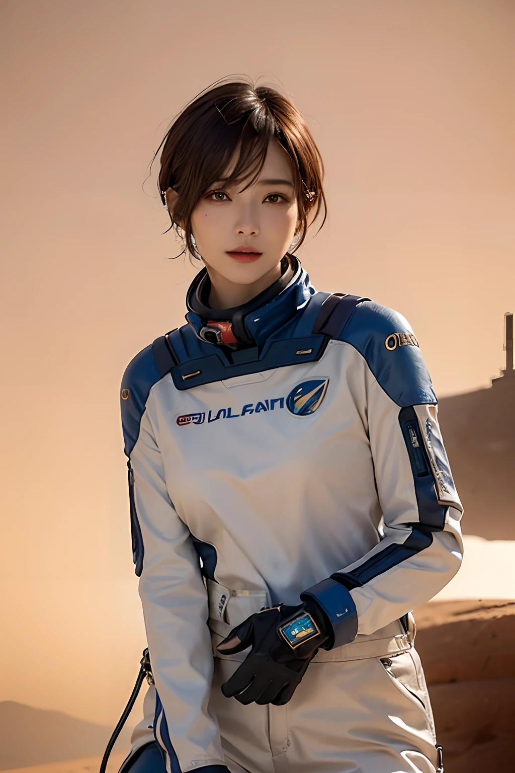 top-quality、masterpiece、超A high resolution、(realisitic:1.4)、Beautuful Women1、Beautiful detail eyes and skin、ssmile、Light brown short-cut hair、The perfect spacesuit、spaceships、Mysterious planet、Red sky、Sand Planet、sandstorm、