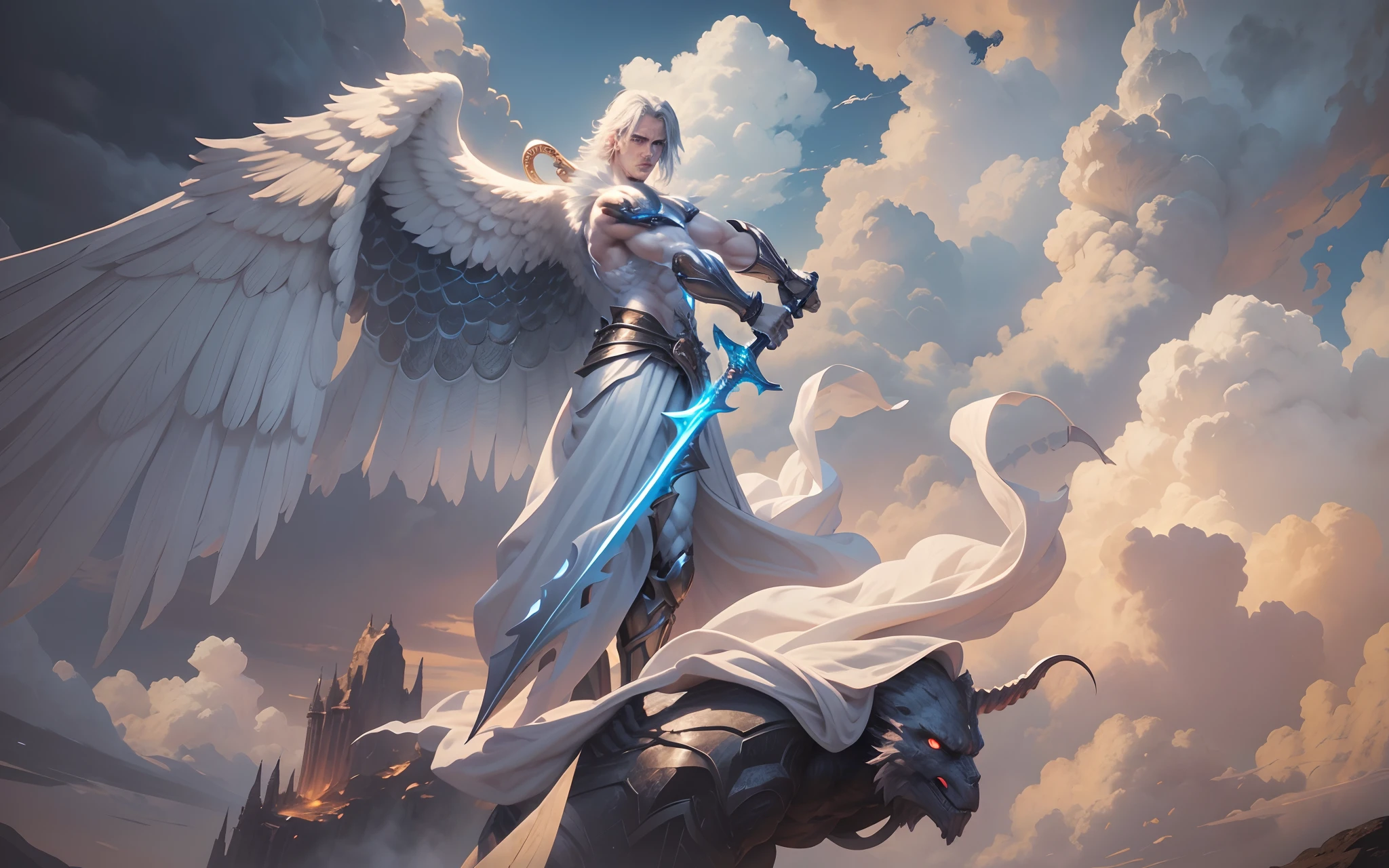 Fearless White Male Angel, beautiful male face, standing on top of a rocky presuppose that looks like a creature, perfect muscular body, masculine body, perfect symmetrical face, eyes perfectly aligned, symmetrical eyes, full body, with avenging sword, Apocalypse, dooms day, Illustration, cinematic light, high resolution, best quality, ultra detailed, masterpiece,