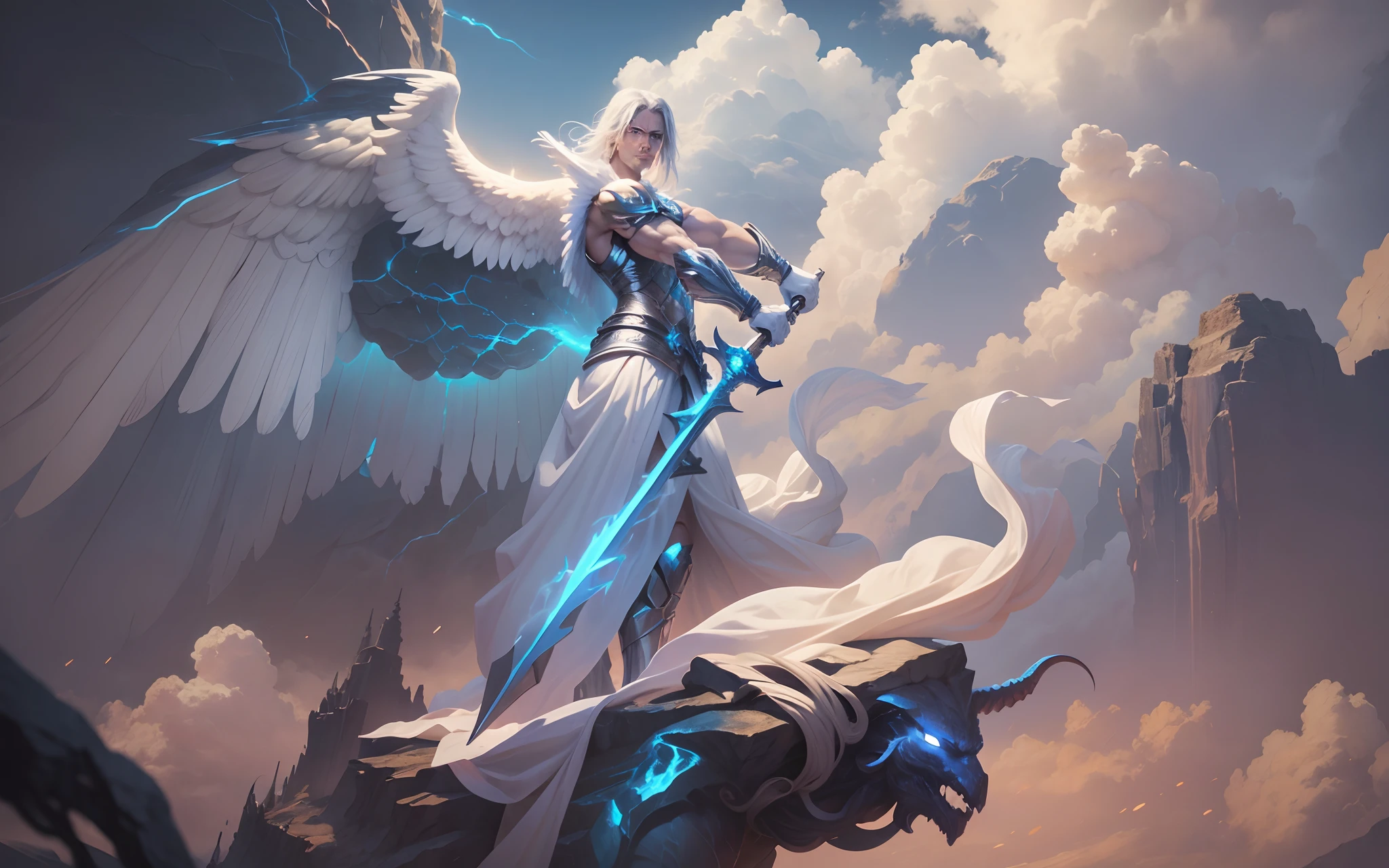 Fearless White Male Angel, beautiful male face, standing on top of a rocky presuppose that looks like a creature, perfect muscular body, masculine body, perfect symmetrical face, eyes perfectly aligned, symmetrical eyes, full body, with avenging sword, Apocalypse, dooms day, Illustration, cinematic light, high resolution, best quality, ultra detailed, masterpiece,