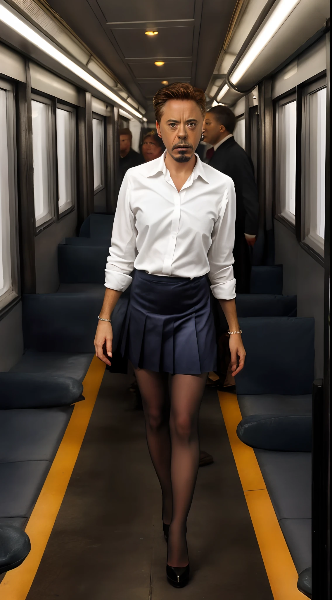 ((Robert Downey as a 14 year old pre-teen girl)), long blouse, tiny pleated skirt, waist-high black tights, high heels, full body photo, very fair skin, shaved hair, busy train car, photorealistic, indirect lighting, volumetric light, ray tracing, hyperdetailed