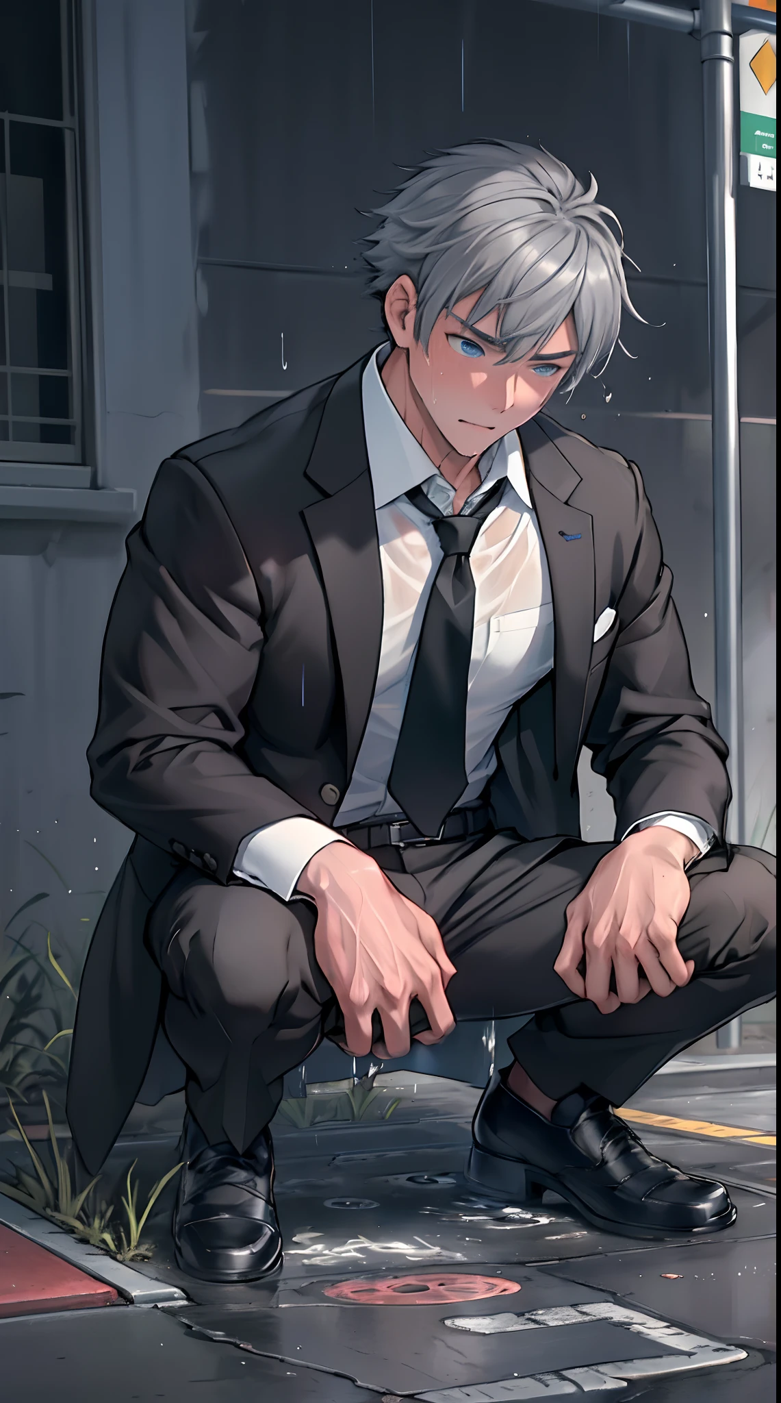 (1 Adult male),A high resolution, Sharp focus, Pixiv masterpiece, ((Complicated details)), highly detailed, natsuki_subaru,Multi-view upper body,Suit pants view, 1 man,is shy,Pee on the legs,pissing,Urine runs down the thighs,embarressed,exhilarated,is shocked,panicking,worry,A small puddle of their own urine forms around the feet,full bodyesbian,kneels on the ground,Very eager to pee,It's uncomfortable,Wet yourself,Urine discharge, Sweaty crotch,Drenched,rain,The shirt is soaked,(A gesture of pleading),blue color eyes(eyes glowing), Short gray hair,white shirt,Wear a tie,Wear a belt,Black suit trousers,perspire,look from down