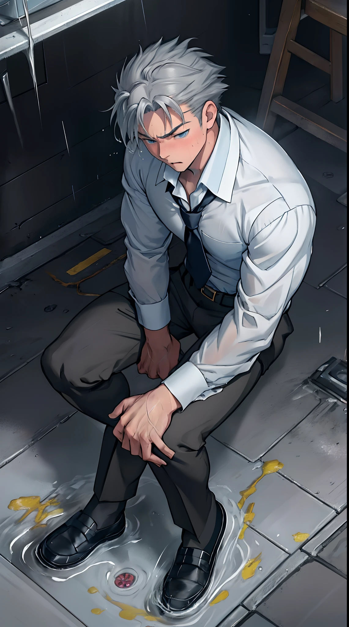 （1 Adult male），A high resolution， Sharp focus， Pixiv masterpiece， （（Complicated details））， highly  detailed， natsuki_subaru，Multi-view upper body，Suit pants view， 1 man，is shy，Pee on the legs，pissing，Urine runs down the thighs，embarressed，exhilarated，is shocked，panicking，worry，A small puddle of their own urine forms around the feet，full bodyesbian，kneels on the ground，Very eager to pee，It's uncomfortable，Wet yourself，Urine discharge， Sweaty crotch，Drenched，rain，The shirt is soaked，（A gesture of pleading），blue color eyes（eyes glowing）， Short gray hair，white  shirt，Wear a tie，Wear a belt，Black suit trousers，perspire，look from down