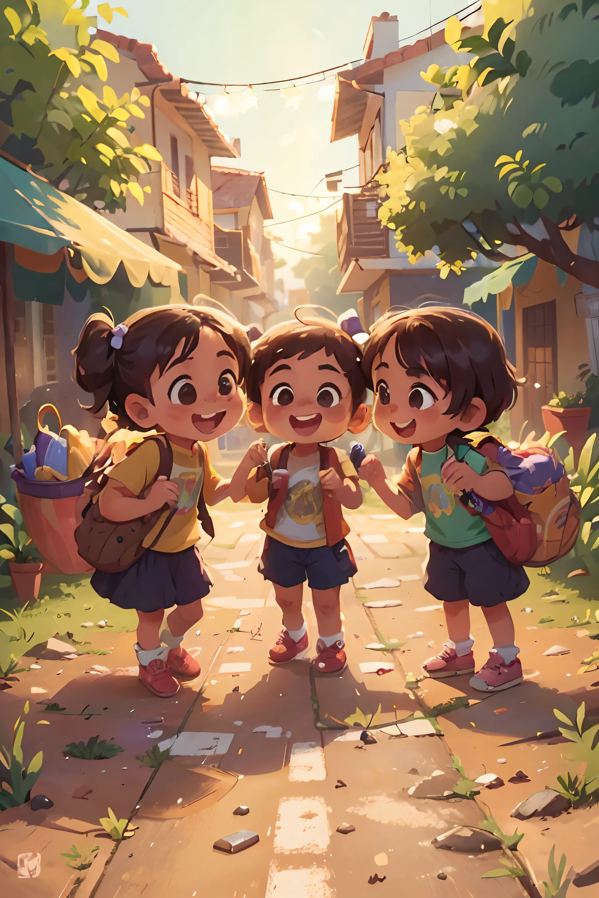 (melhor qualidade, realista,Alto, HDR:1.2),ultra-detalhado, 1menina brincando na rua de uma aldeia, sorridente, 1menino.