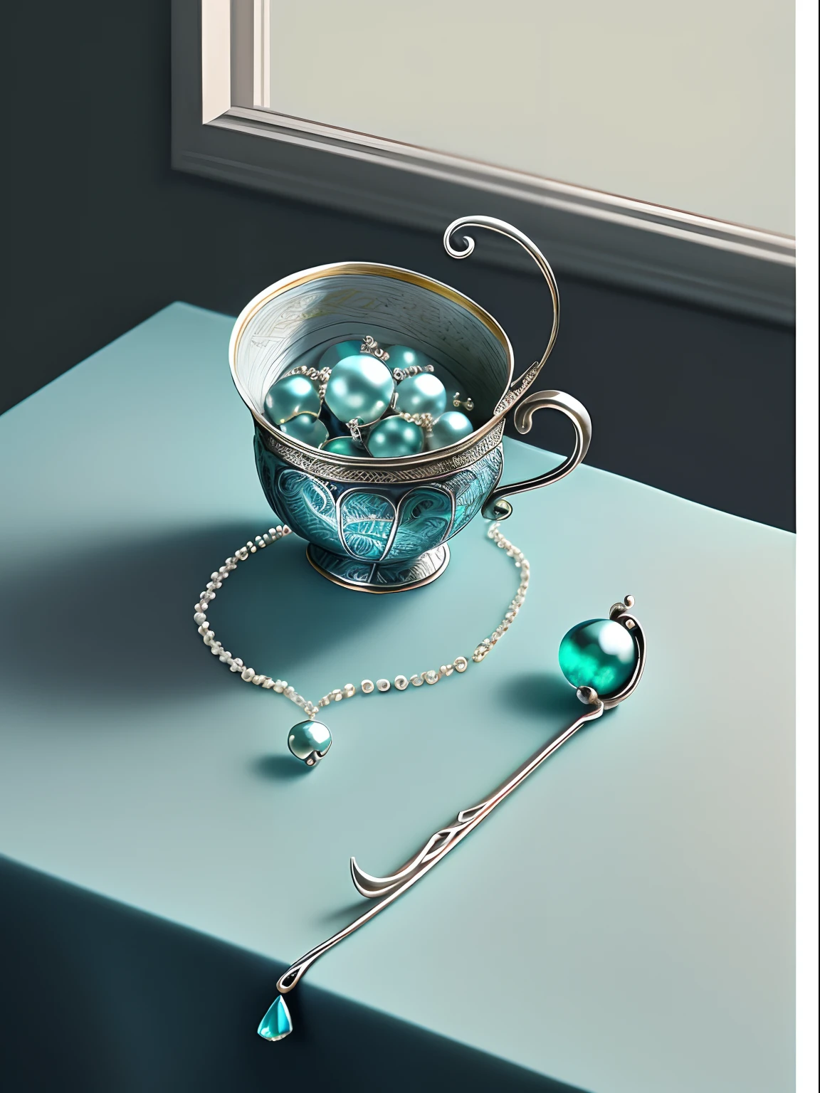 Top jewelry photography, Silver classical Chinese long-handled hairpin, Pearls and tassels, Place on a simple and clean table, With sapphire green and blue style as background, pastelcolor,Interesting and simple composition, products shot, Best image quality, Close-up