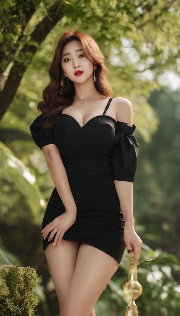 A woman with long hair and a black dress poses for a photo, wavy shoulder-length hair, jaeyeon nam, Lee Ji-eun, Izzy-silver(Lee Ji - Eun), heonhwa choe, Dynamic Wave Hair, Park Jimin / Park Ji-min, popular south Korean makeup, Popular Korean makeup, portrait of female korean idol, wavy hairstyle, long curly hair, Synthwave