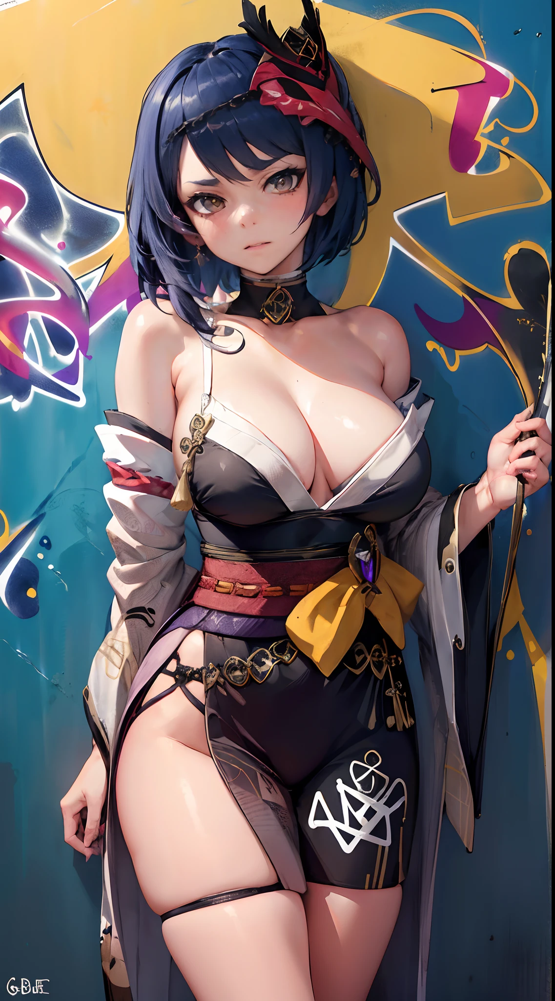 Kujou Sara Genshin Effect, masterpiece, bestquality, 1girls, oversized breasts, bara, Wearing a kimono, Miko Dresses, choker, (Graffiti:1.5), Splash with purple lightning pattern., arm behind back, against wall, View viewers from the front., Thigh strap, Head tilt, bored, water eyes,