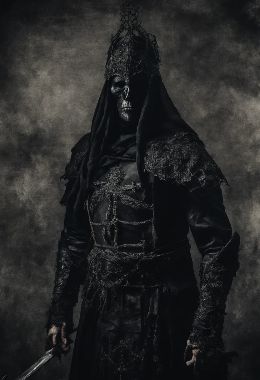 Photographic still of a human warrior, dark, onimous, wallpaper, warrior of anti magic