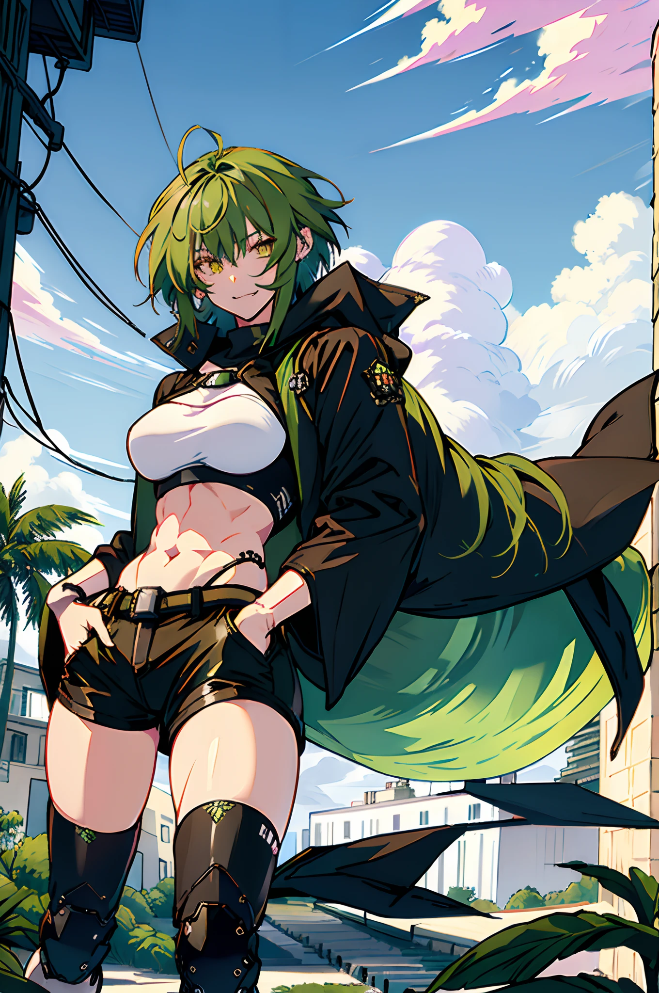 Pure sky，mechanical leg，Black mechanical legs，Plump legs，Green gem setting，Anime girl standing gracefully on the ground，Black cape and green hair, rogue anime girl, Anime girl standing, Wearing a cloak on the blasted plain, asuka suit under clothes!, Cyborg girl, badass posture, mechanic punk outfit, anime styled 3d, render of a cute 3d anime girl, gapmoe yandere grimdark, Female character，musculature，Abs，Glowing green eyes，Black hair with green gradient，short detailed hair，Bunched hair，Dull hair，（Muscle 2.0），Tomboyish，Be red in the face，looking at viewert，Elaborate Eyes，Black mechanical legs，huge tit，1.5，Put your hands in your pockets，ssmile，blacksilk，Straight big breasts，strappy，Black openwork hot pants，White bandeau，Toothless smile，Lower breast，Mechanical wind，There are no cities，Side breasts，Excitation