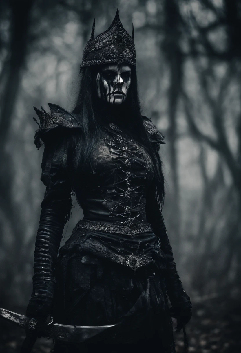 Photographic still of a female warrior, dark, onimous, wallpaper, warrior of anti magic