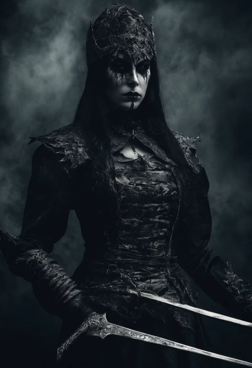 Photographic still of a female warrior, dark, onimous, wallpaper, warrior of anti magic
