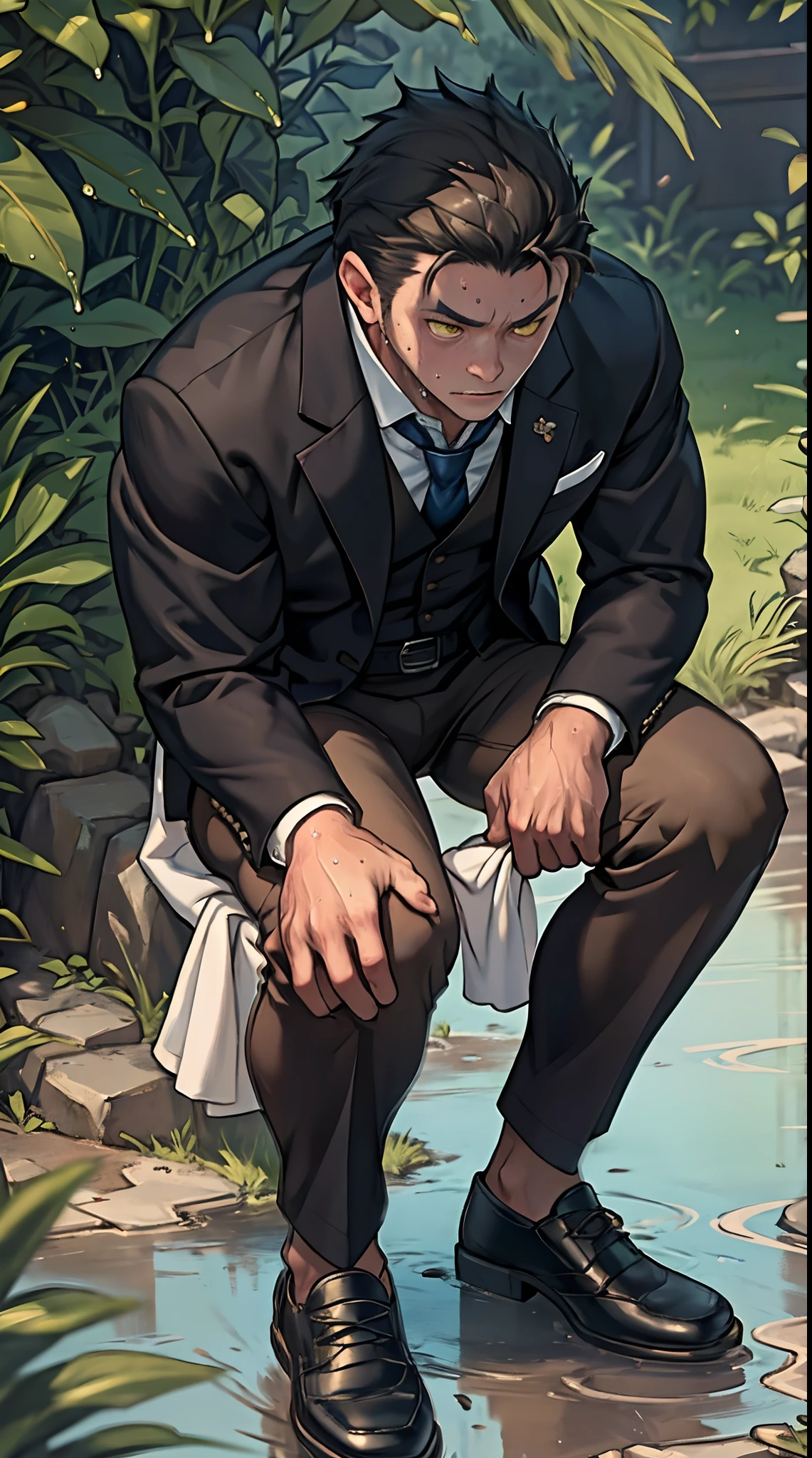 A3R1, Hector Fey ,Multi-view upper body, Suit pants view,legs separated,A3R1,pissing,Pee yourself,His own urine ran down his thighs,perfect male figure, Aerith Gainsborough ,Put your hands in your trouser pockets,Pee from his legs,yellow eyes,kneels on the ground,Half squat,legs separated,sit astride,Wear a tie,wearing leather belt,Long Sleeve White Shirt,(The shirt is soaked),Black hair short hair,perspire,Black suit trousers,dress shoes,Nervously bow your head,is shy,embarressed,exhilarated,is shocked,panicking,worry,exteriors,On dry ground, A small puddle of his own urine formed around his feet,Half squat,Very eager to pee,Unbearable,Sweat runs from the crotch,Wet yourself,Squat to urinate,high detal,hentail realism,ultra-realistic realism,three sided view, A masterpiece of careful planning,A high resolution, hyper HD ,anatomy correct,super detailing,best qualtiy,A high resolution,8K