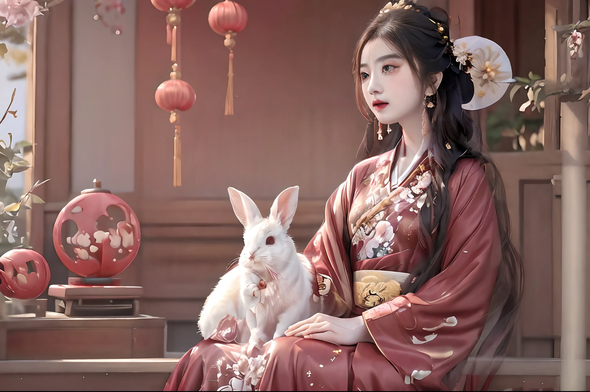 Beautiful Chinese woman in a red dress sitting next to a white rabbit, palace ， a girl in hanfu, wearing ancient chinese clothes, traditional chinese clothing, hanfu, chinese costume, with acient chinese clothes, chinese style, white hanfu, traditional chinese, chinese dress, wearing a red cheongsam, portrait shot, chinese woman, ancient chinese princess