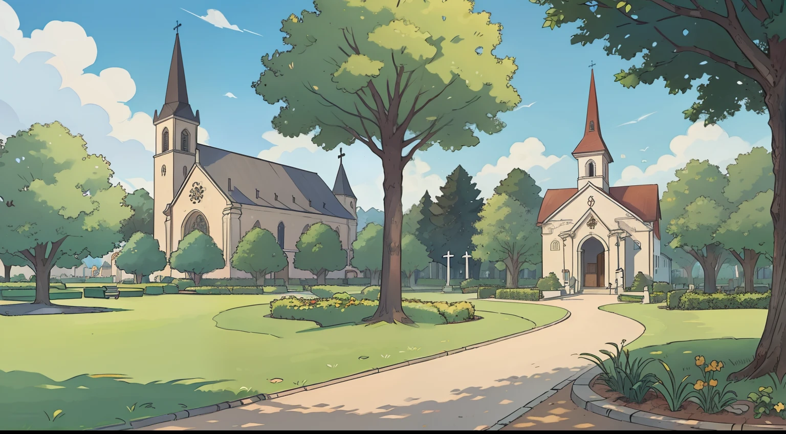 There is a park with church in the background , algumas plantas e arvores