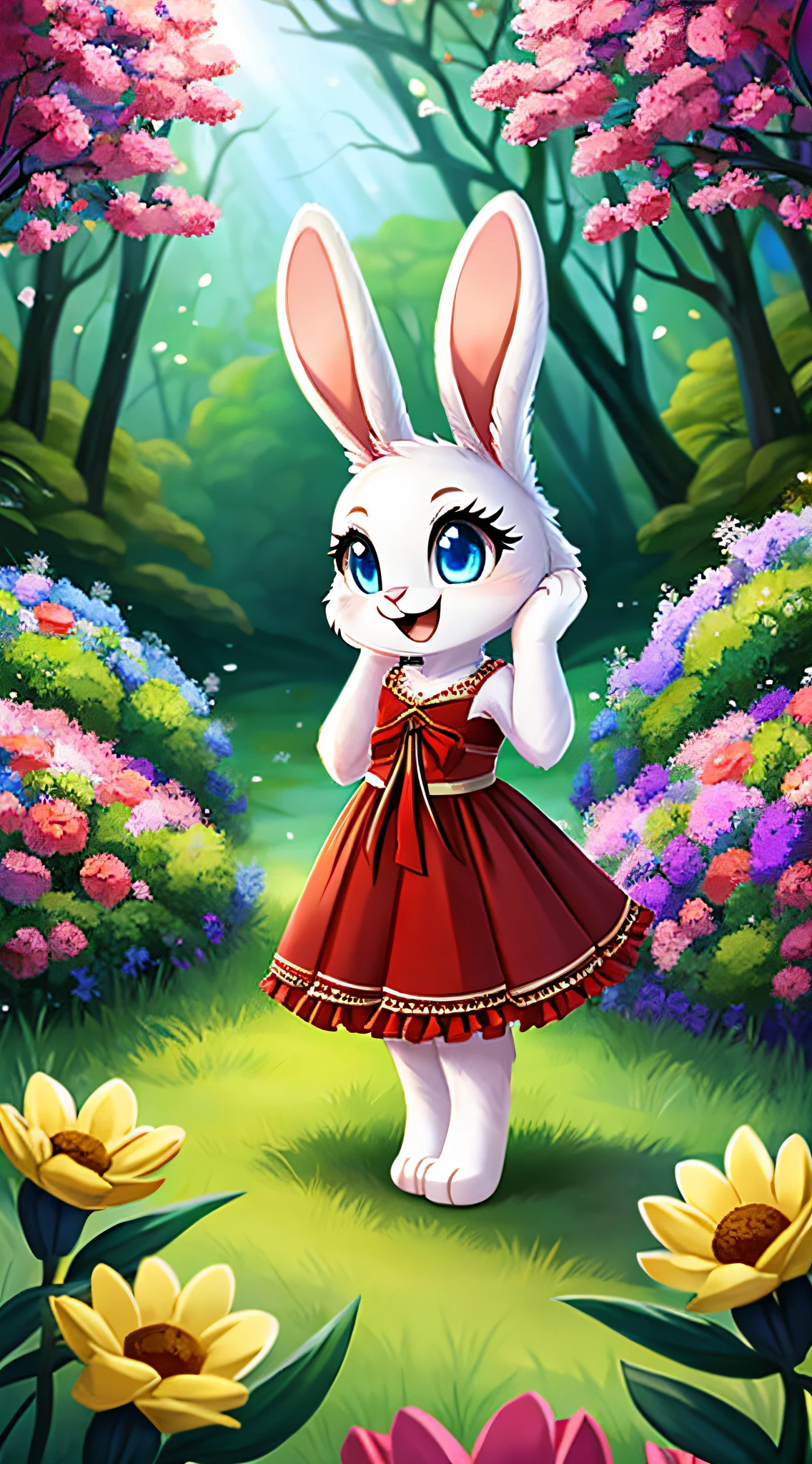 zoomed out image, fantasy style art, cute, adorable, short character, small, tiny little fluffy female white bunny with blue eyes, 4 ears, 2 extra ears, big floppy ears, long ears, ears perked up, raised ears, long eyelashes, poofy rabbit tail, wearing a red frilly ribbon dress, smiling, standing in a forest, big expressive smile, open mouth, wide eyes, excited eyes, excited face, stunning visuals, flowers scattered in the bushes, digital illustration