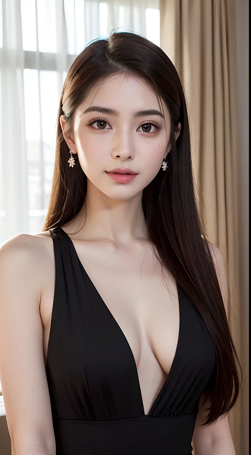 Close-up of a woman in a black dress posing for a photo, Dilraba Dilmurat, beautiful korean woman, gorgeous young korean woman, Chen Xintong, korean girl, Wenfei Ye, 1 8 is, Shishionwu, gorgeous chinese model, 18-year-old, Choi Hong Hwa, beautiful young korean woman, Tomorrow, Tran-hyung, best image quality, masterpiece, ultra high resolution, 8K, cleavage, big , Bust Details, hair details, eye details, clear eyes, thin smile, professional lighting