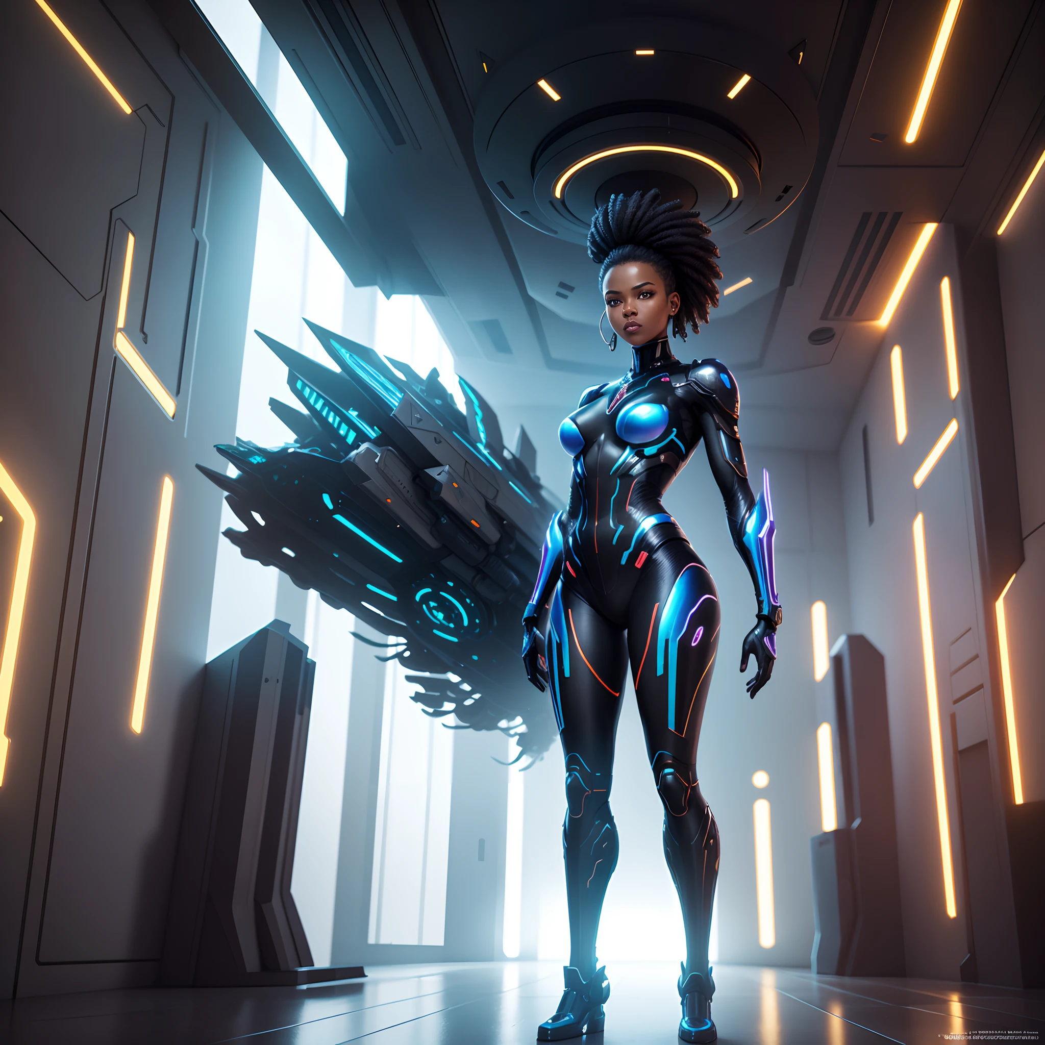 Full body shot of a black woman cyborg in a futuristic room full of futuristic African designed sculptures, floating futuristic lamps shining, with iridescent light, 32k, ultra HD, unreal engine rendered, cinematic lighting, artgerm style, bright and vibrant colours, photorealistic image,