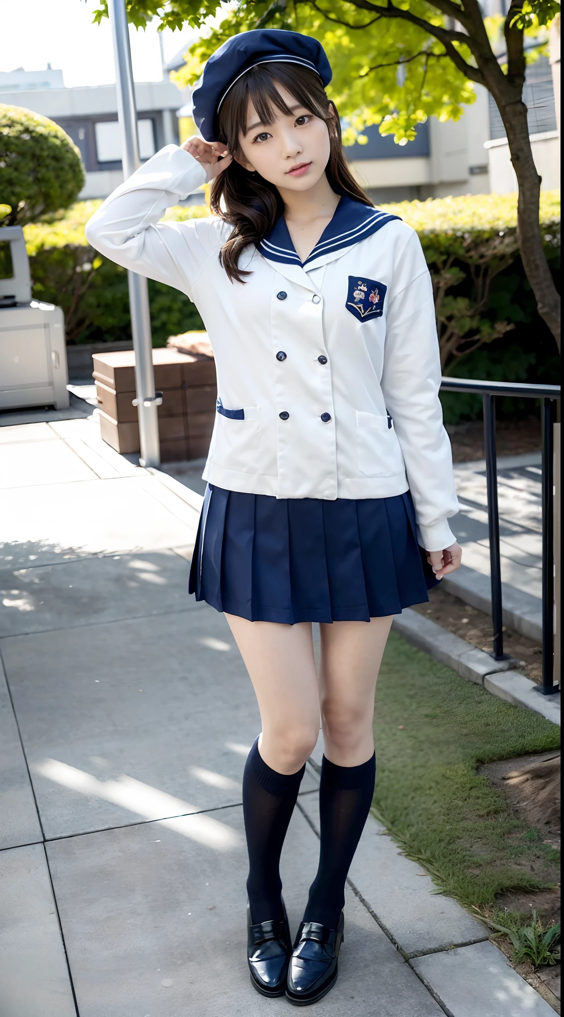 mix4, (16 K, Raw photography, Top image quality, ​masterpiece: 1.45), (realisitic, Photorealsitic: 1.37), one girls, 7．5, etc、Random hairstyle、Standing figure，Morning time slot、a very cute,a park,, profetional lighting, photon maping、physically-based renderingt, Gradient dark brown hair,, a handsome, Well-groomed and beautiful eyes、Large double eyelids、Very shiny、girl with, (((student clothes、Winter clothes、Sailor suit worn by Japan schoolgirl、Navy blue sailor color、scarf、a miniskirt, Small beret、high socks、lowfers))), Top Quality Photos, hight resolution, 1080p, (clearface), (Detailed face description), (Detailed hand description), (​masterpiece), (Exquisite CG)、extreme light and shadows、dishevled hair、master work、abundant detail、(Fine facial features)、(top quality photo)、(masuter piece)、(A detailed eye)、Look in front of you、Fine clavicle、((Slender big))、(((Japan schoolgirl in sailor suit)))、((Ready Idol System))、((a park、Slide、The fountain、seesaw))、(Shooting from random perspectives)、(((neat and cute)))、耳Nipple Ring、A big smile、Drawing the whole body from the knees、Do not draw nasolabial folds、(((Cute sailor suit)))、(Big breasts that hang down big:1.2)、Big buttocks with tension、Two arms and two legs、(((from the front side:0.2)))、bare hand、No mask、